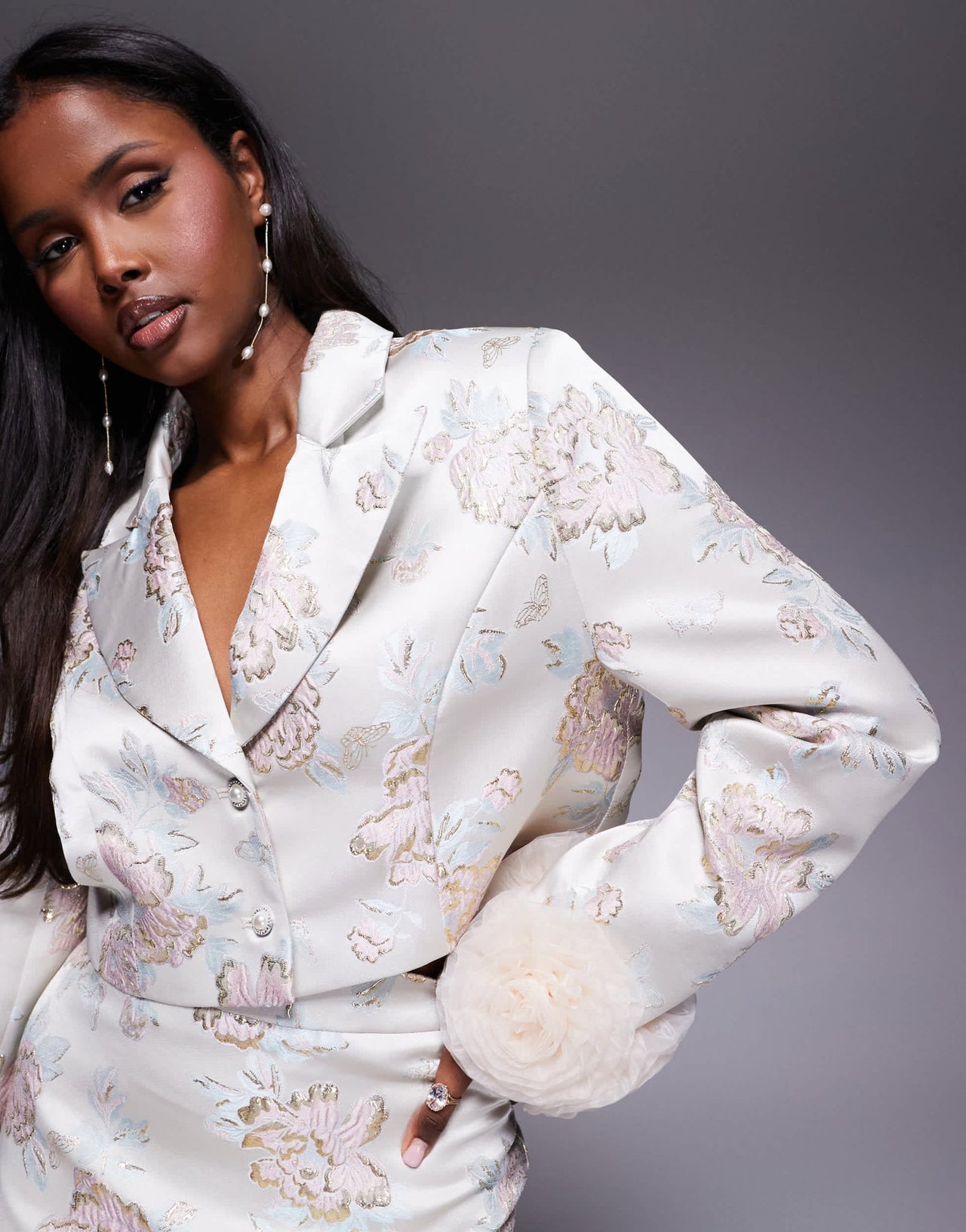 ASOS LUXE co - ord jacquard blazer with corsage cuff in Champagne - ASOS Sample Sale EU Store