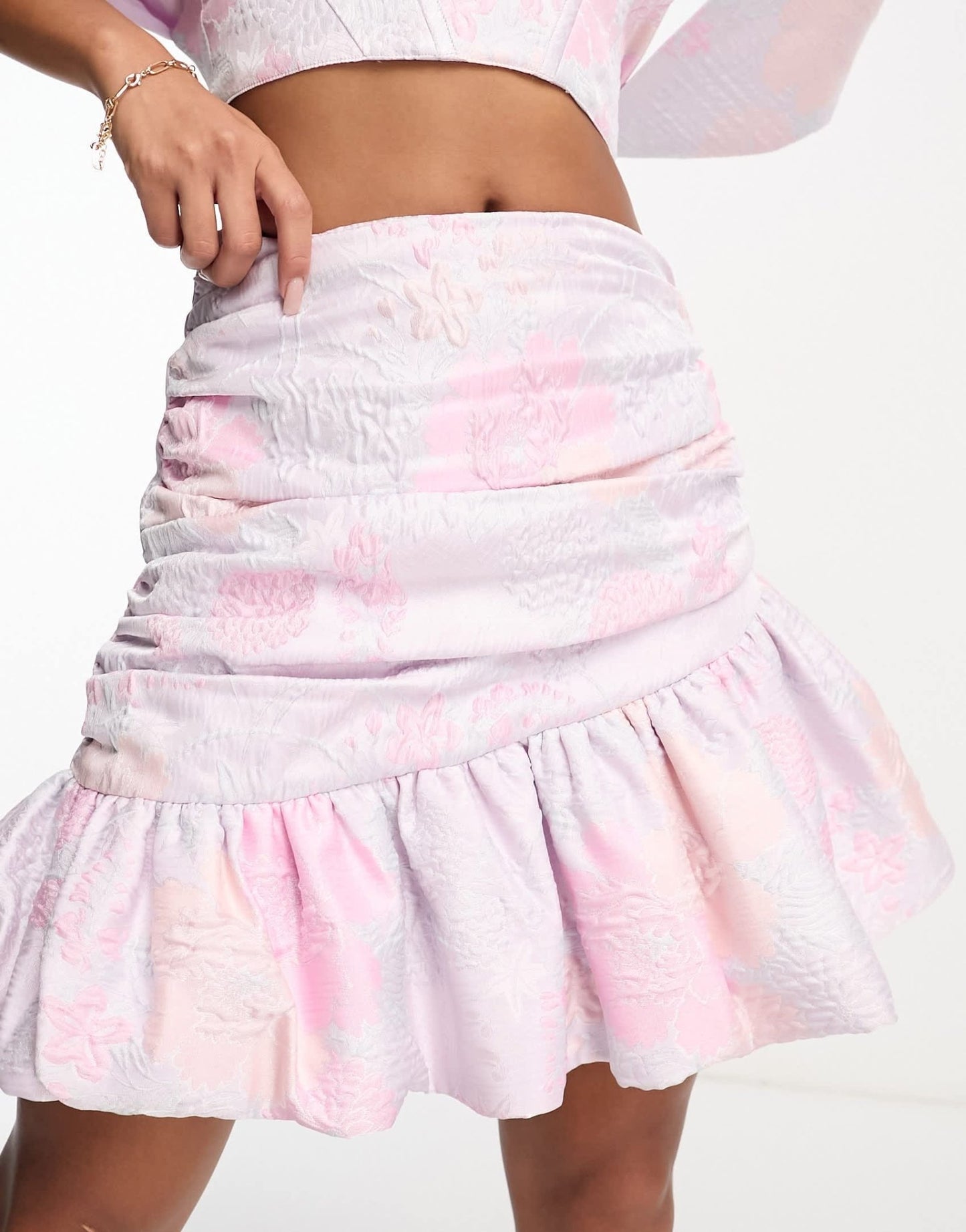 ASOS LUXE co - ord puff hem ruched mini skirt in pastel floral jacquard - ASOS Sample Sale EU Store
