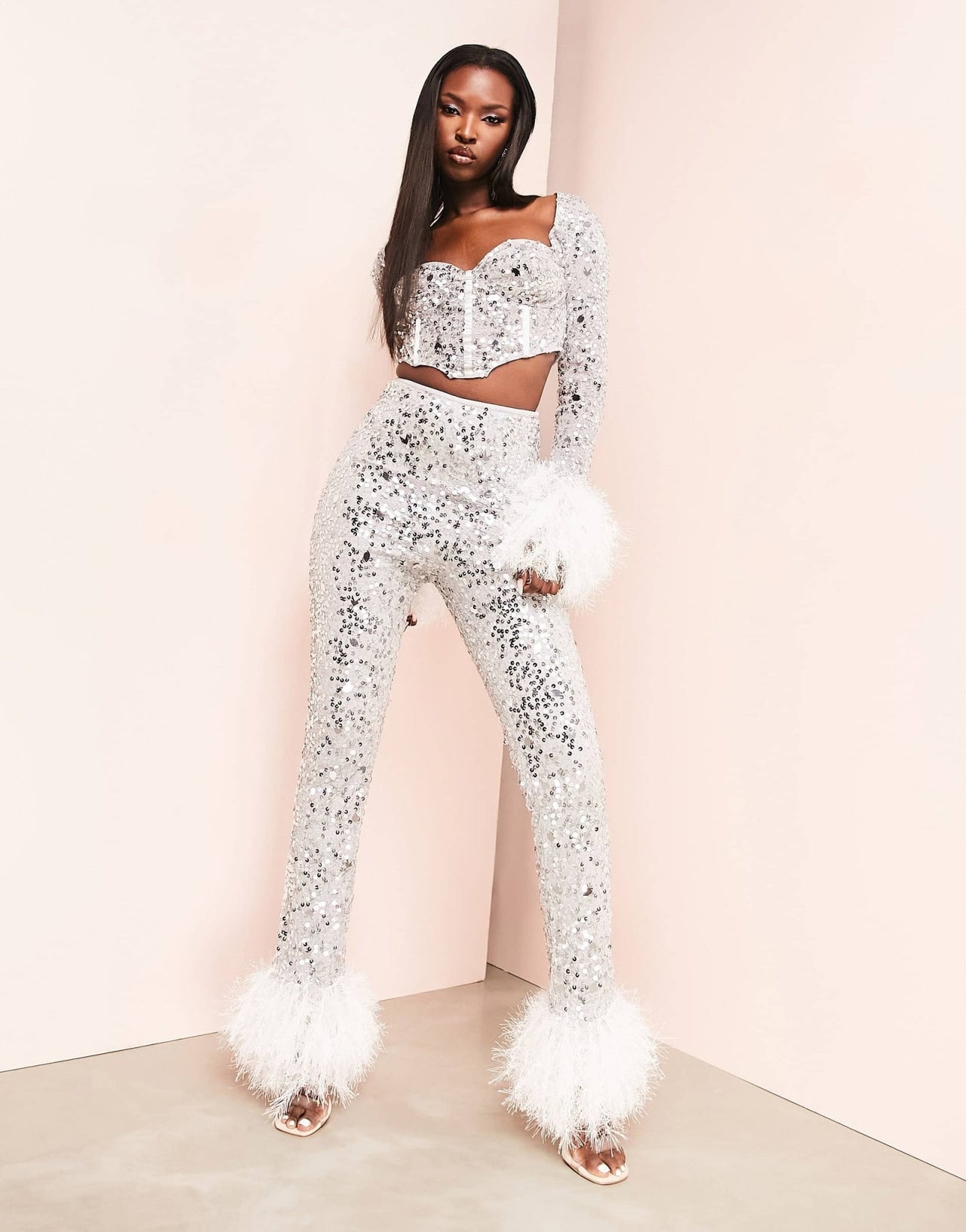 ASOS LUXE co - ord sweetheart neck faux feather trim sleeve sequin crop top in silver - ASOS Sample Sale EU Store