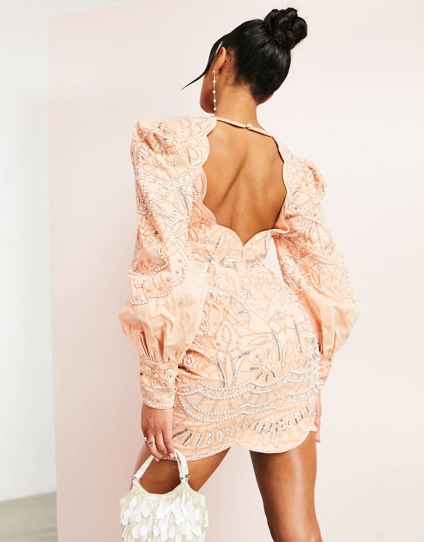 ASOS LUXE cotton mini dress with cutwork detail and embellishment in peach - ASOS Sample Sale EU Store