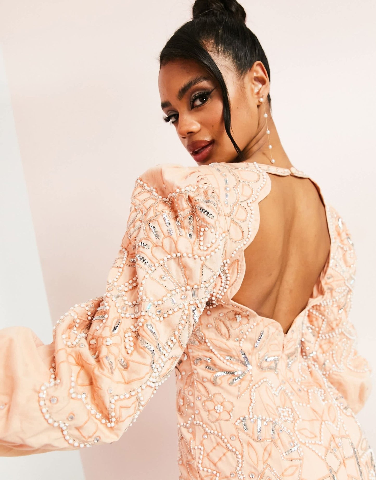 ASOS LUXE cotton mini dress with cutwork detail and embellishment in peach - ASOS Sample Sale EU Store
