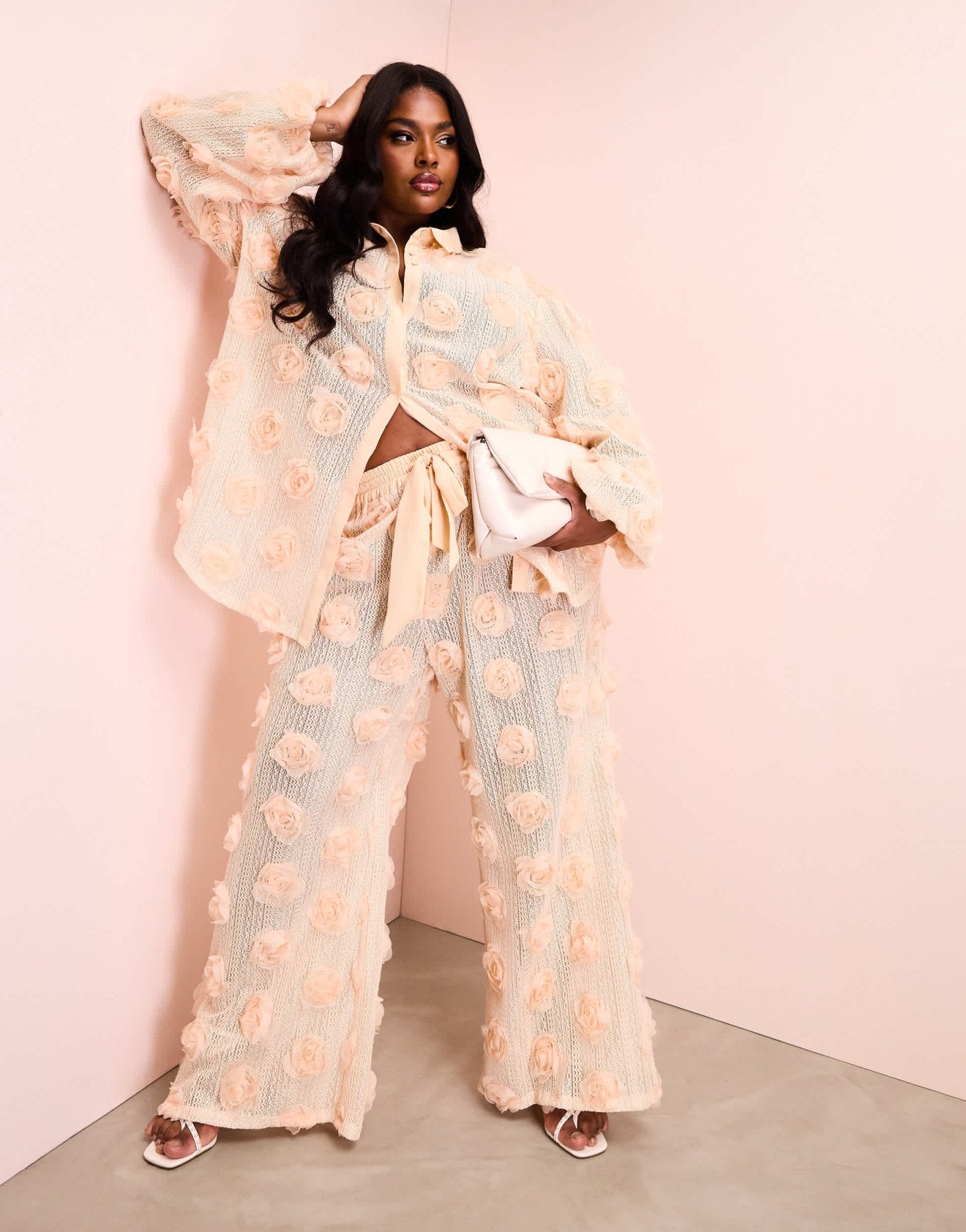 ASOS LUXE Curve 3D floral crochet beach trousers in cream - ASOS Sample Sale EU Store