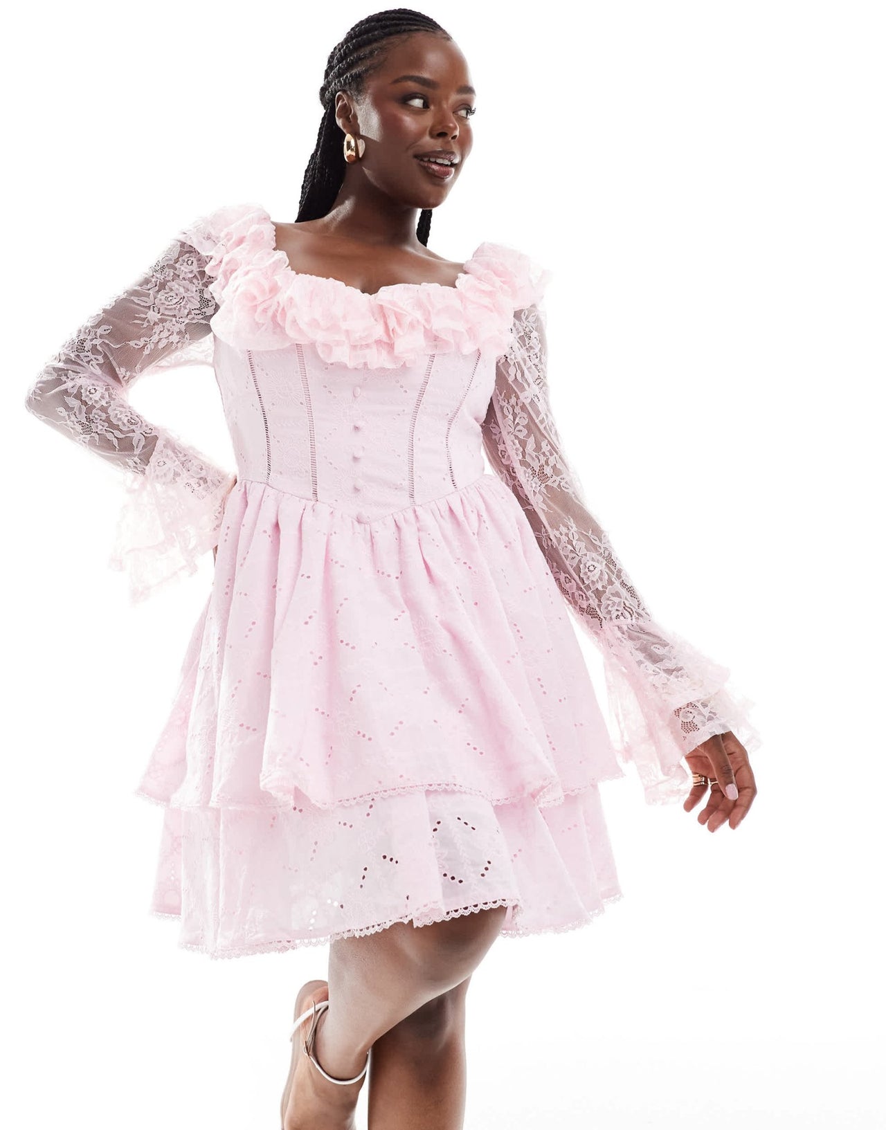 ASOS LUXE Curve broderie corseted lace sleeve mini skater dress in pink - ASOS Sample Sale EU Store
