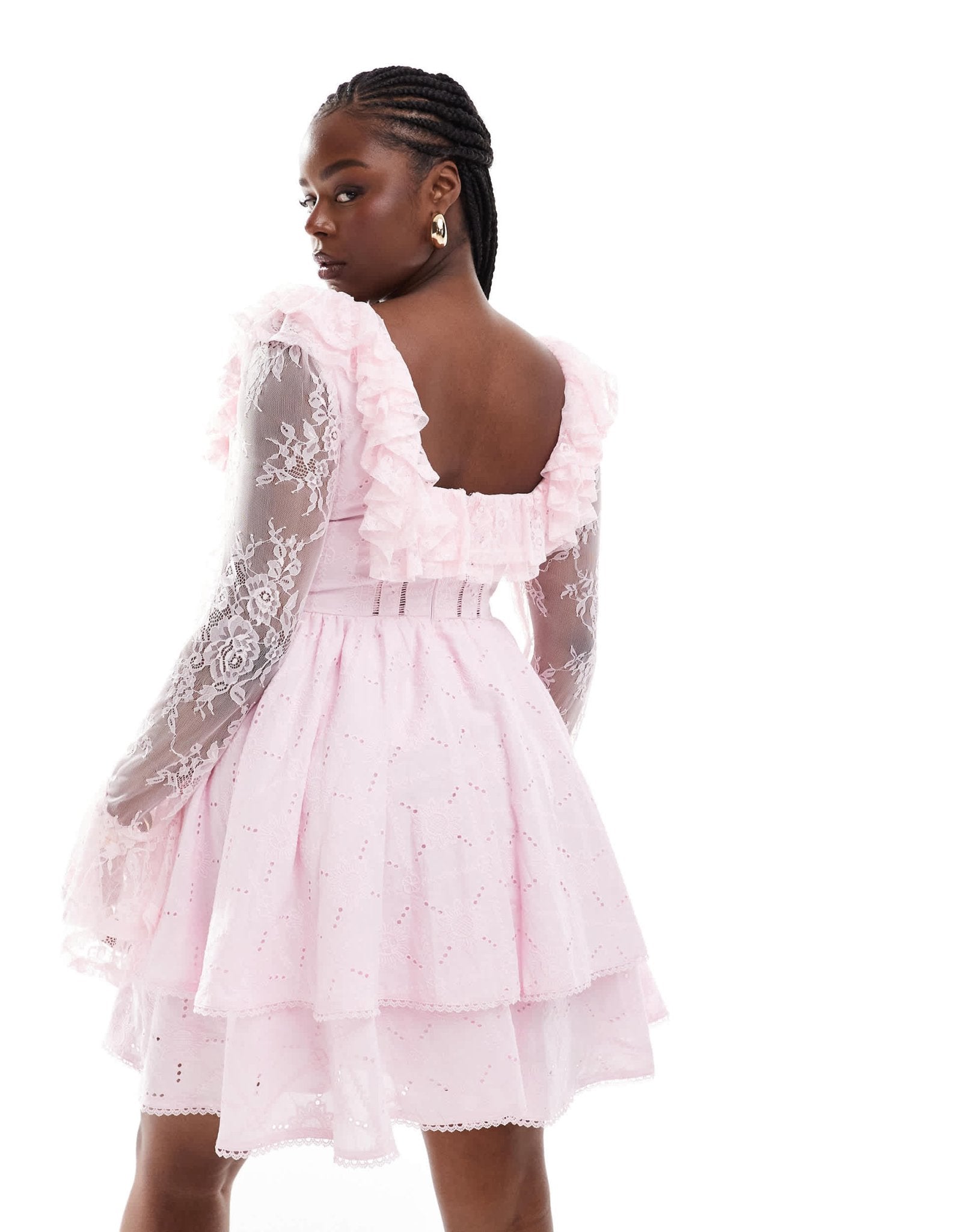 ASOS LUXE Curve broderie corseted lace sleeve mini skater dress in pink - ASOS Sample Sale EU Store