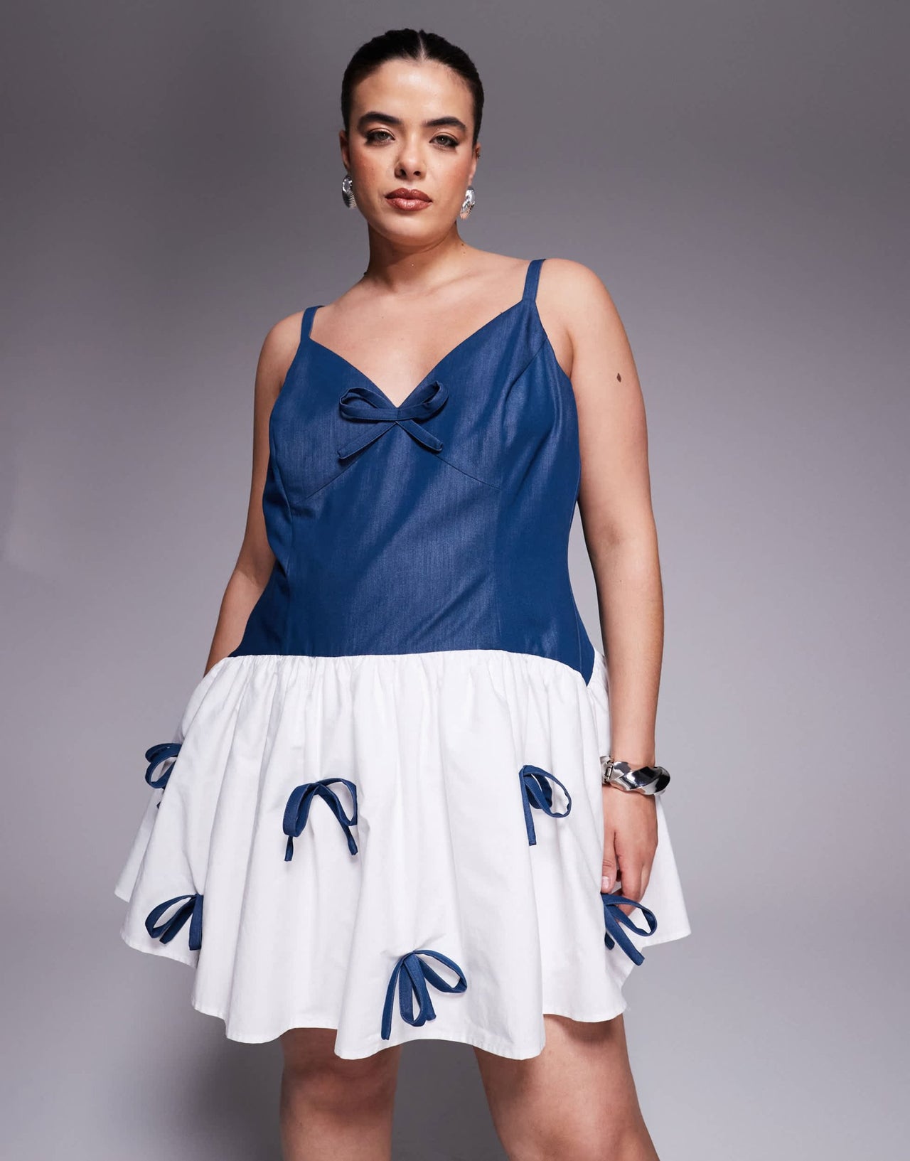 ASOS LUXE Curve chambray mini dress with bow detail and contrast poplin skirt in blue - ASOS Sample Sale EU Store