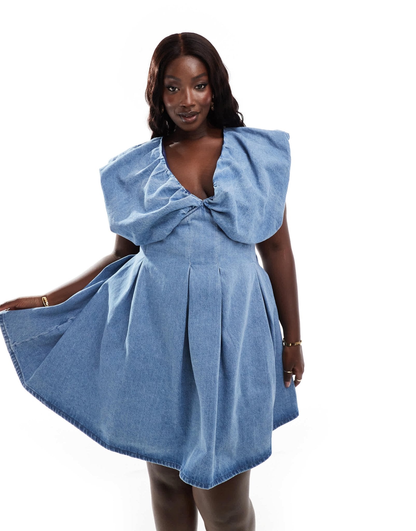 ASOS LUXE Curve denim bubble plunge mini dress in light wash blue - ASOS Sample Sale EU Store