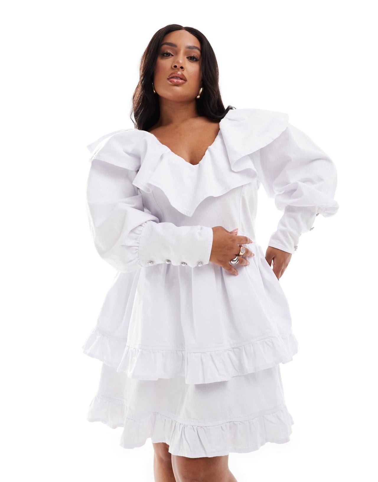 ASOS LUXE Curve denim ruffle plunge tiered mini dress with diamante buttons in white - ASOS Sample Sale EU Store