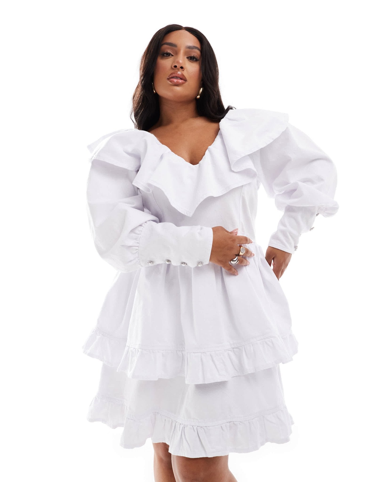 ASOS LUXE Curve denim ruffle plunge tiered mini dress with diamante buttons in white - ASOS Sample Sale EU Store