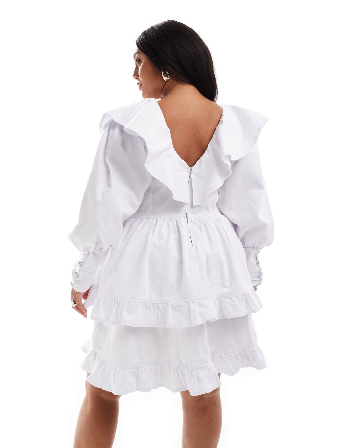 ASOS LUXE Curve denim ruffle plunge tiered mini dress with diamante buttons in white - ASOS Sample Sale EU Store