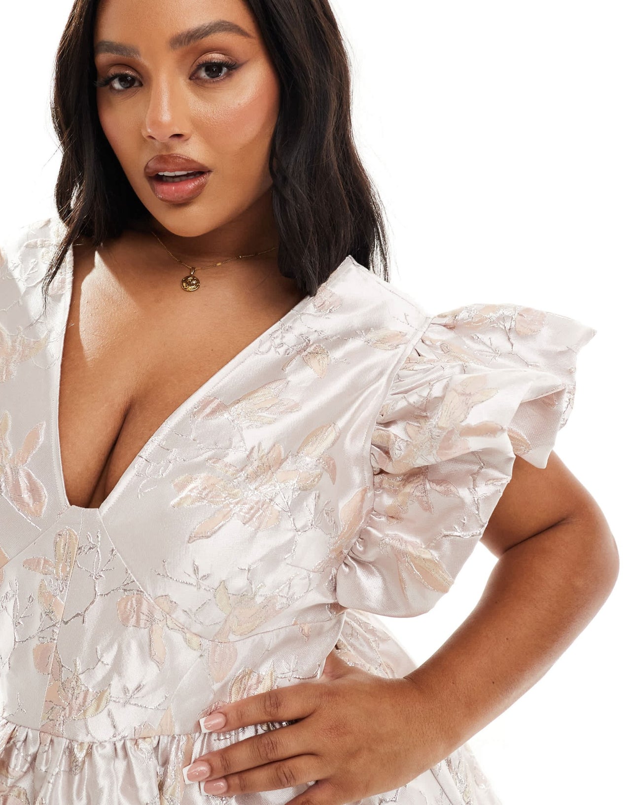 ASOS LUXE Curve jacquard plunge ruffle mini skater dress in pink floral print - ASOS Sample Sale EU Store