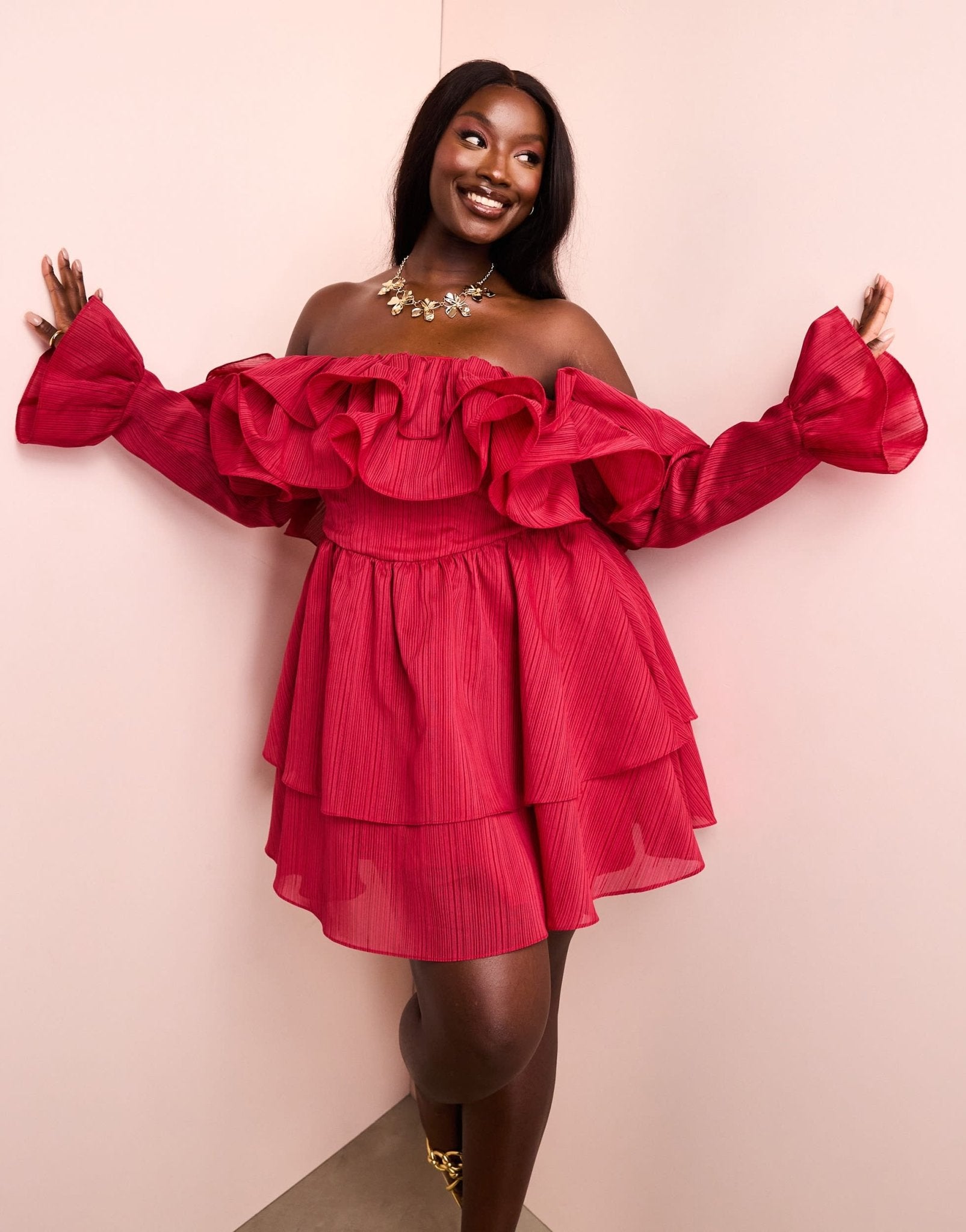 ASOS LUXE Curve off shoulder frill mini dress with wired hem & corsetted waist in Burgundy - ASOS Sample Sale EU Store