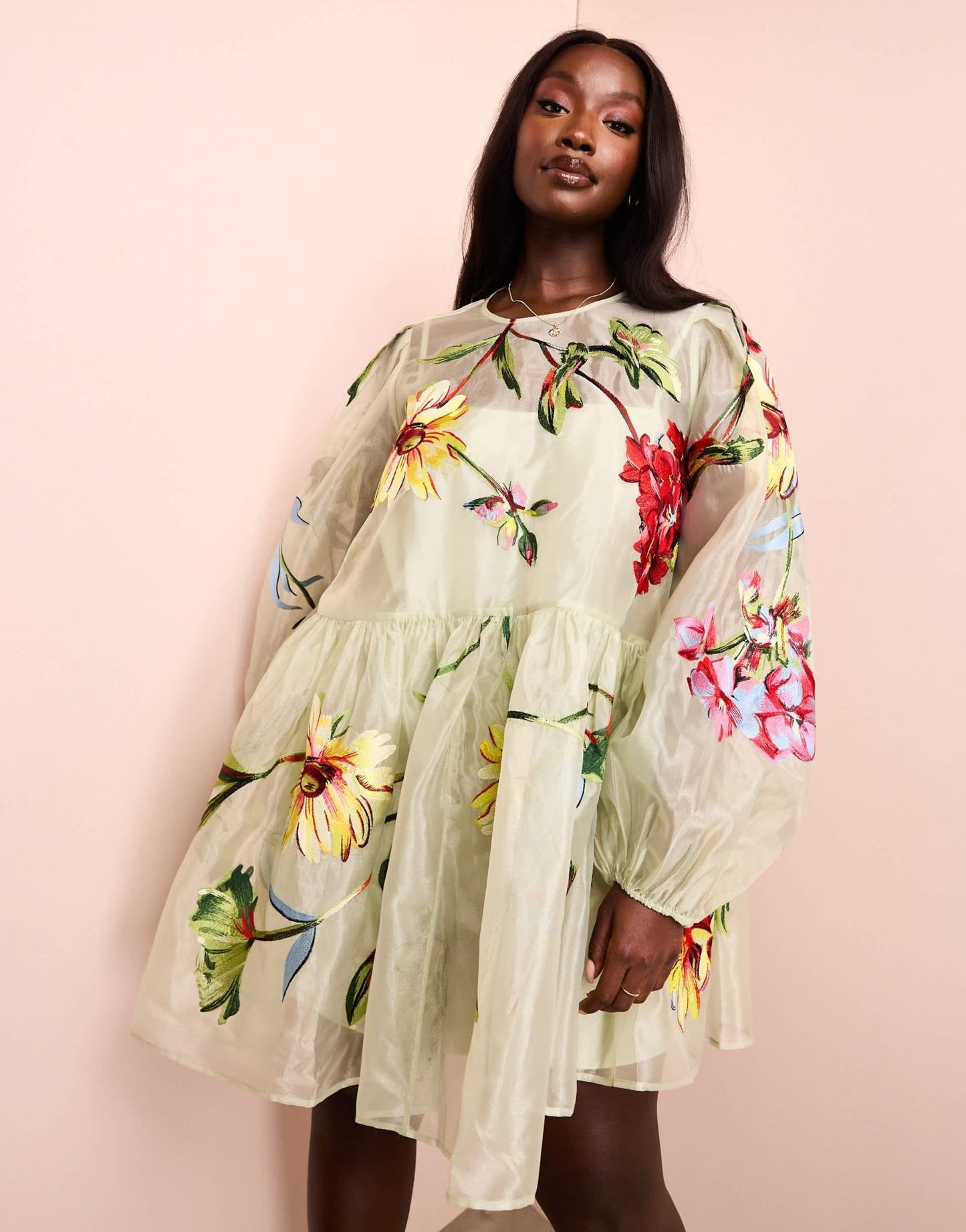 ASOS LUXE Curve oversized organza mini smock dress with floral embroidery in green - ASOS Sample Sale EU Store