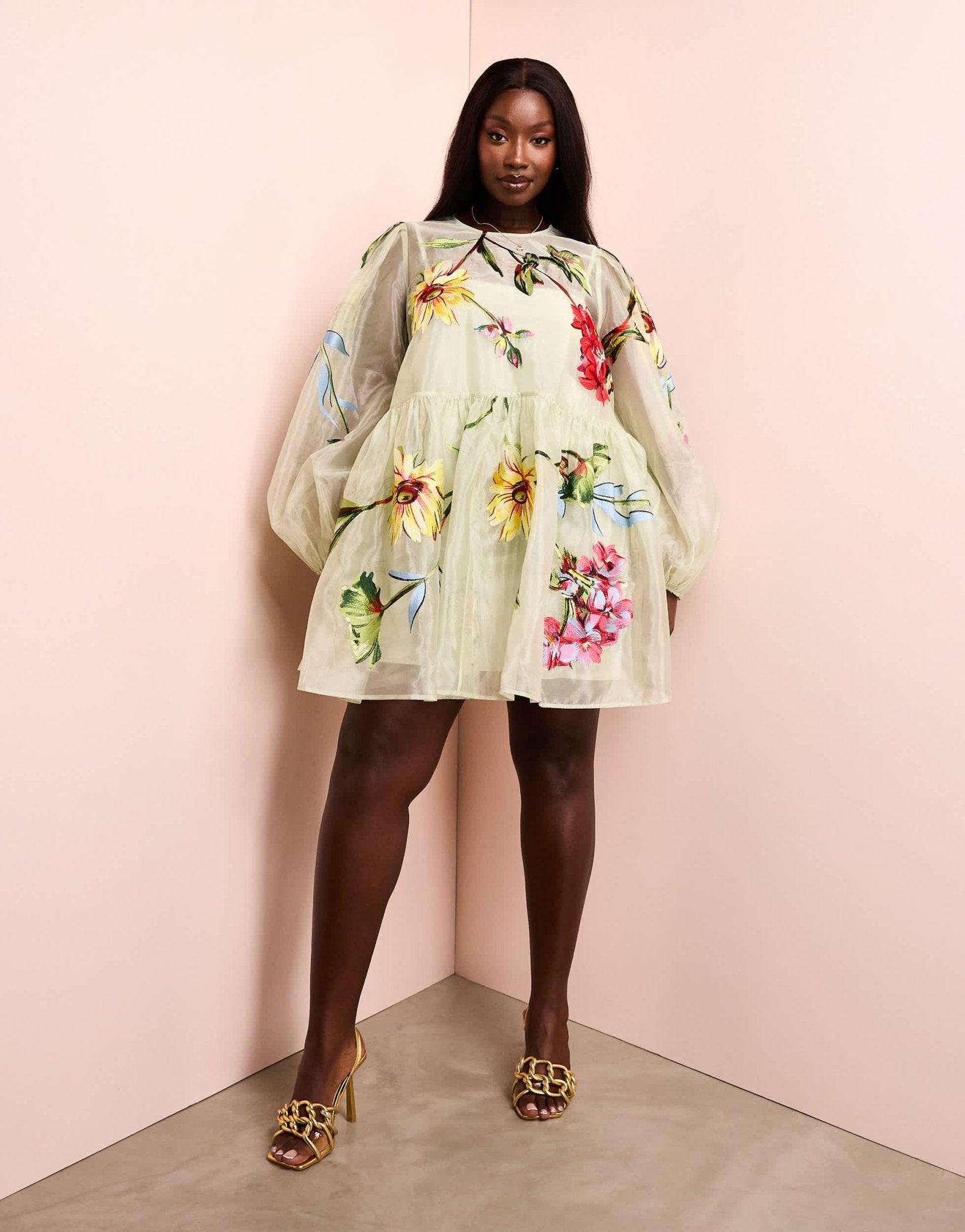 ASOS LUXE Curve oversized organza mini smock dress with floral embroidery in green - ASOS Sample Sale EU Store