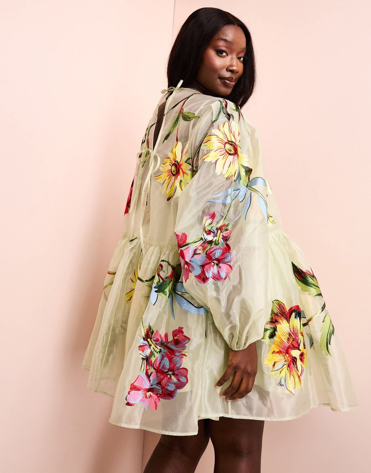 ASOS LUXE Curve oversized organza mini smock dress with floral embroidery in green - ASOS Sample Sale EU Store