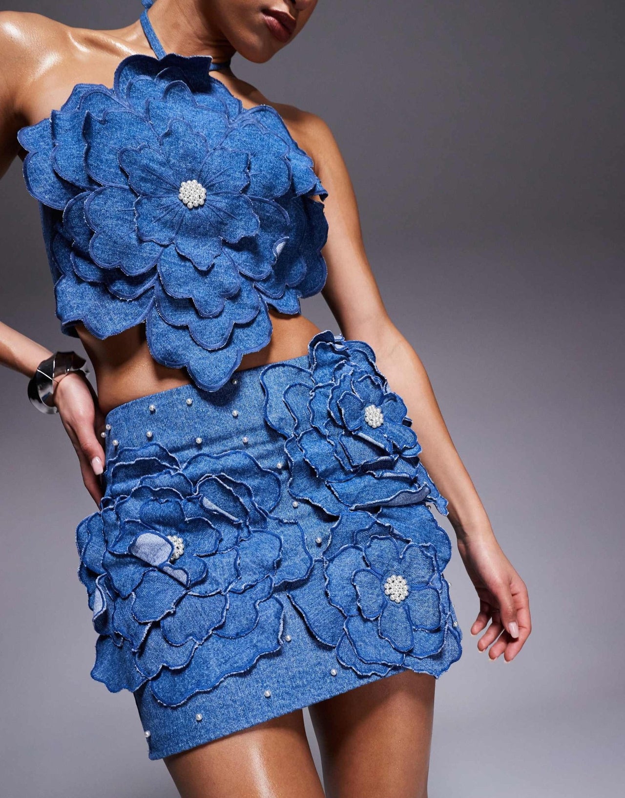 ASOS LUXE denim co - ord mini skirt with 3D floral details in dark wash blue - ASOS Sample Sale EU Store