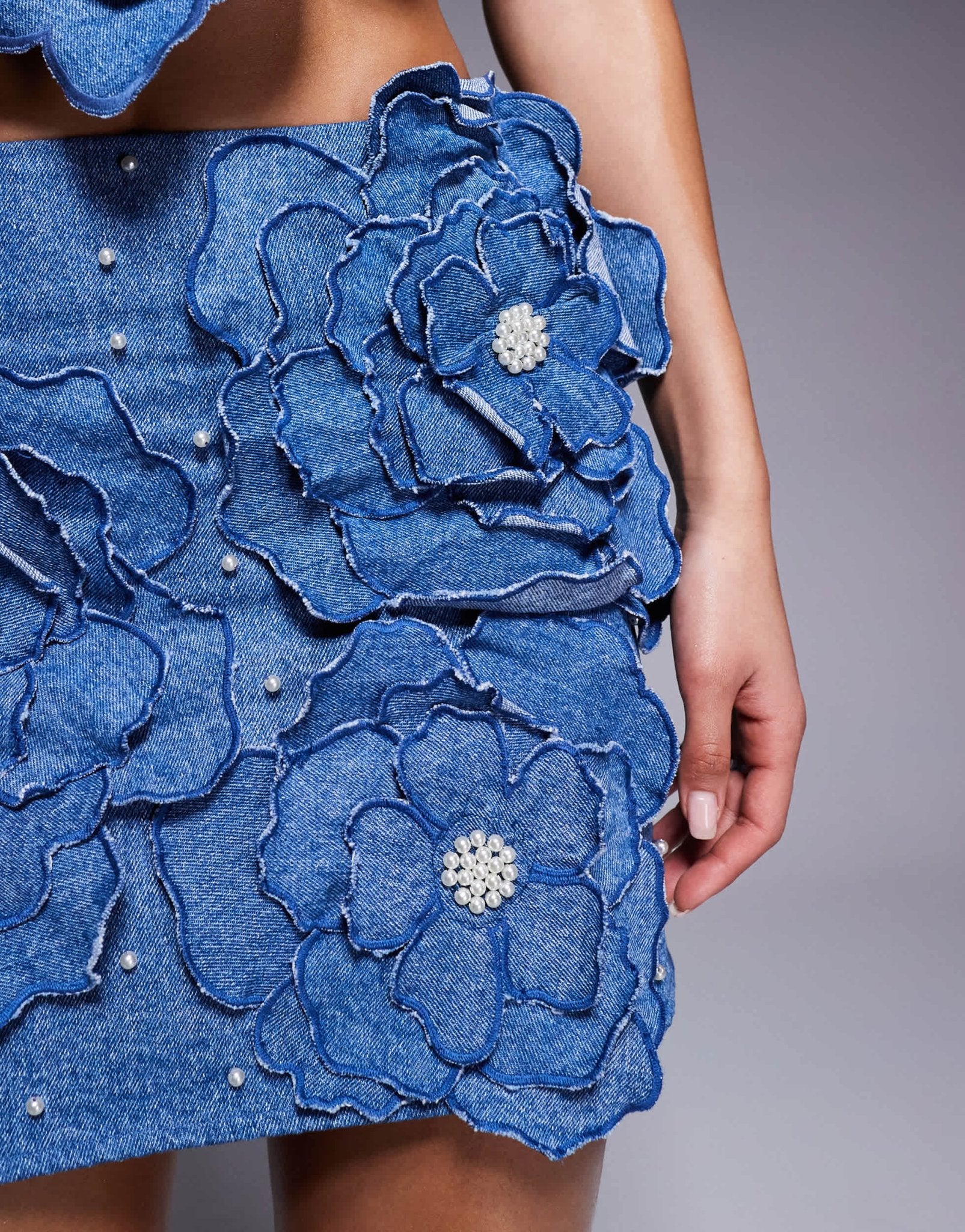 ASOS LUXE denim co - ord mini skirt with 3D floral details in dark wash blue - ASOS Sample Sale EU Store