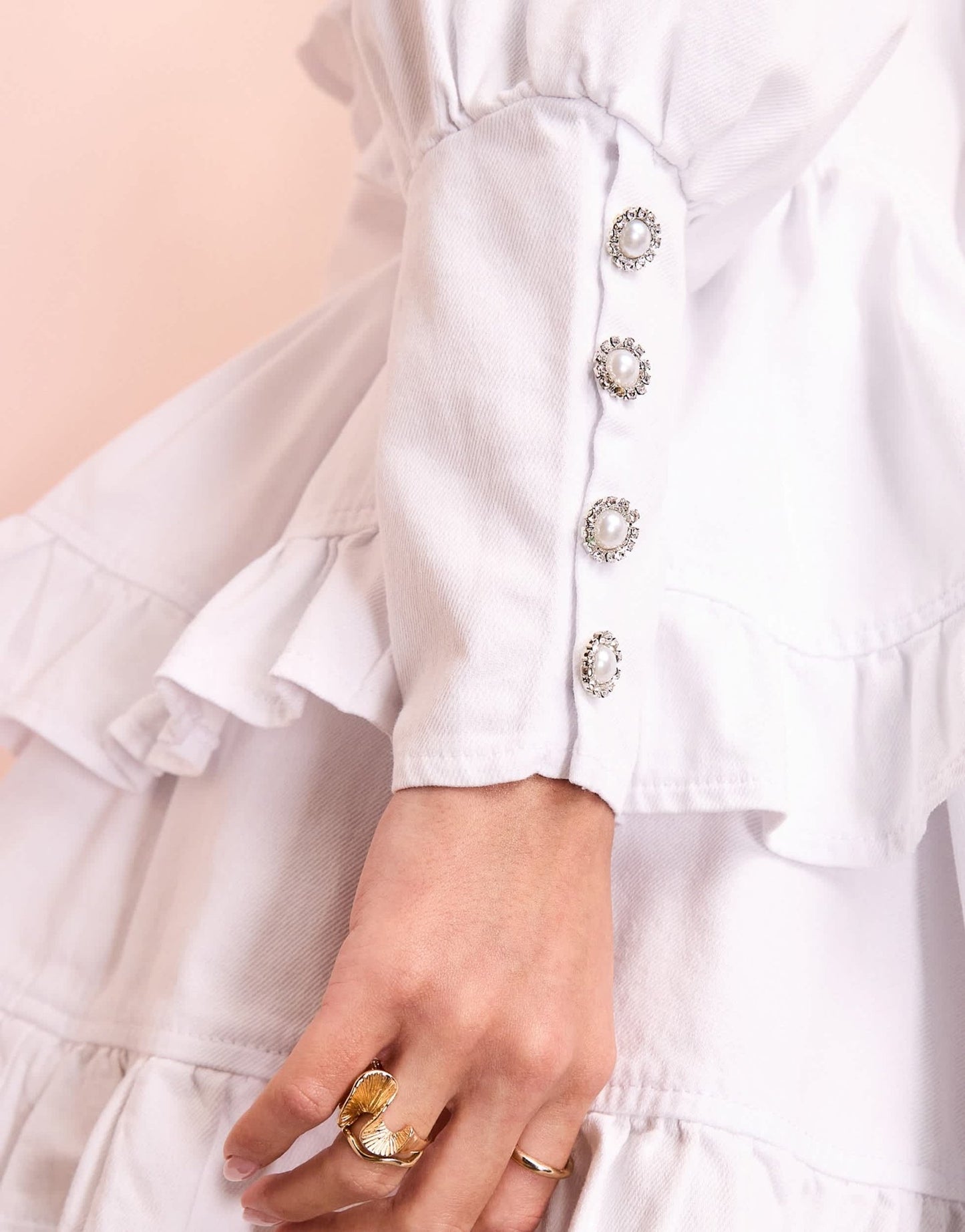 ASOS LUXE denim ruffle plunge tiered mini dress with diamante buttons in white - ASOS Sample Sale EU Store