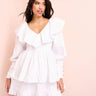 ASOS LUXE denim ruffle plunge tiered mini dress with diamante buttons in white