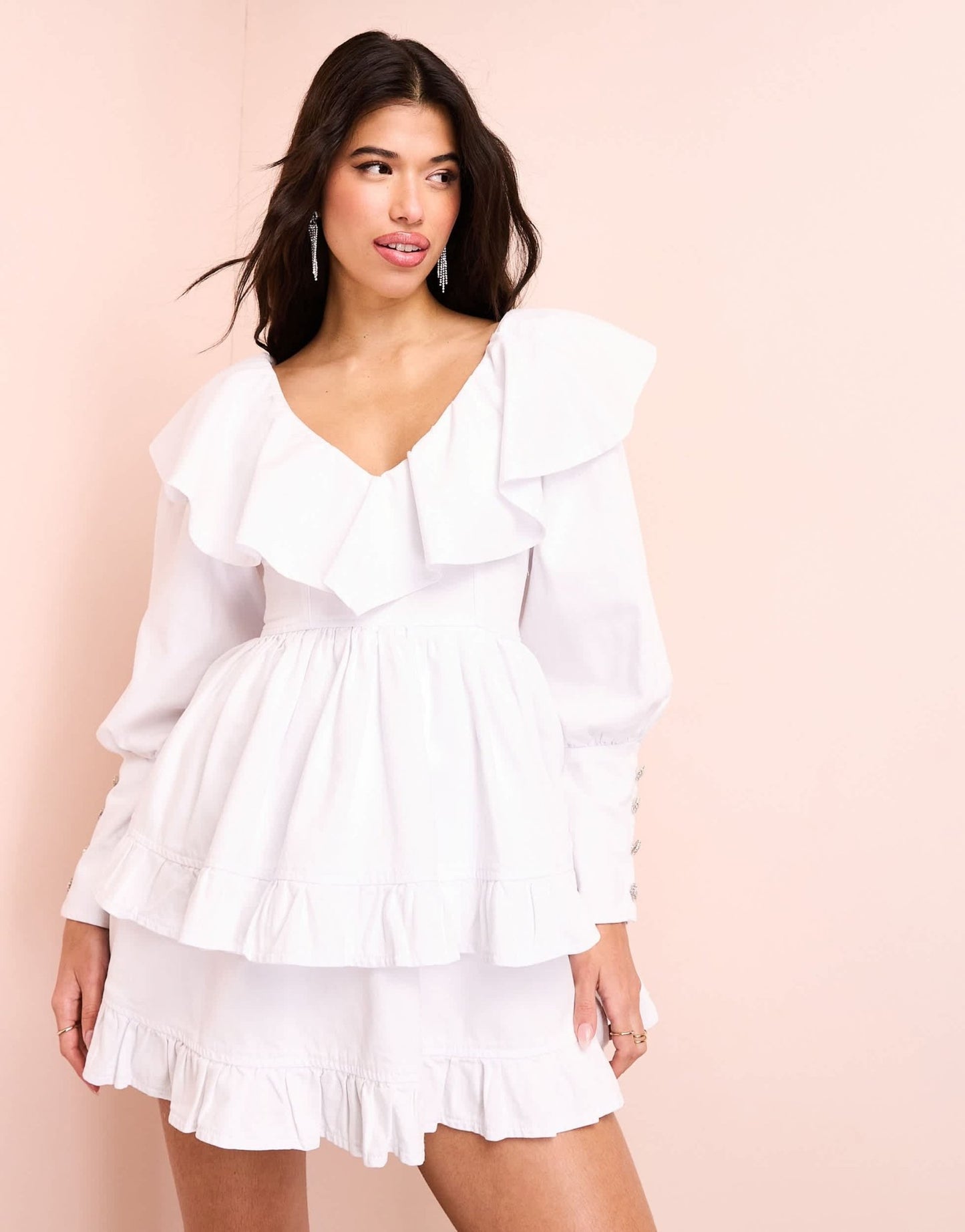 ASOS LUXE denim ruffle plunge tiered mini dress with diamante buttons in white - ASOS Sample Sale EU Store