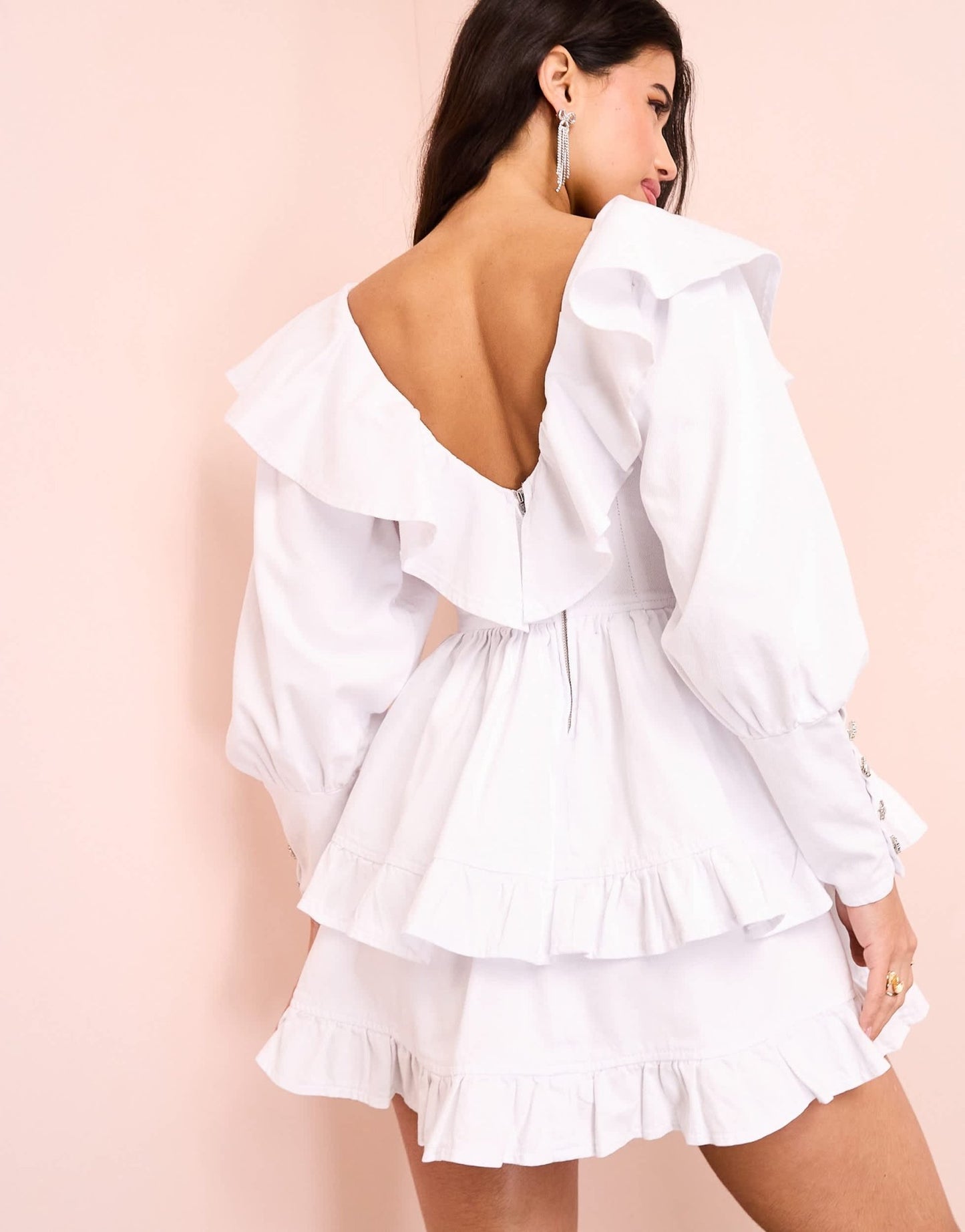 ASOS LUXE denim ruffle plunge tiered mini dress with diamante buttons in white - ASOS Sample Sale EU Store