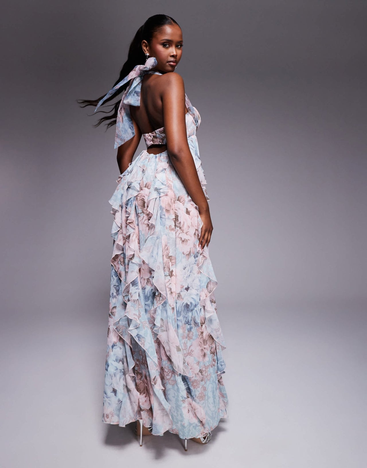 ASOS LUXE halter maxi dress with waterfall ruffles in lace floral print - ASOS Sample Sale EU Store