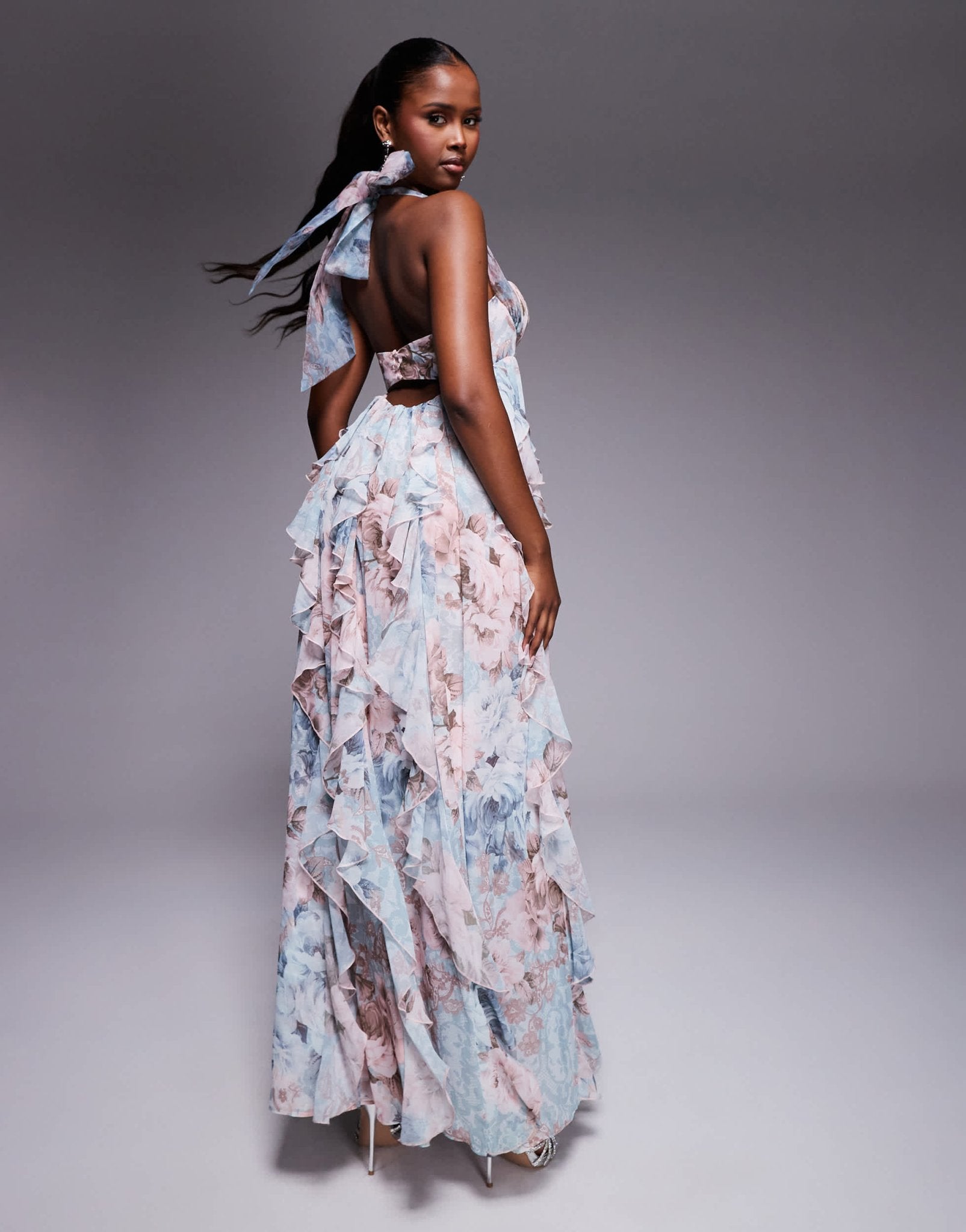 ASOS LUXE halter maxi dress with waterfall ruffles in lace floral print - ASOS Sample Sale EU Store