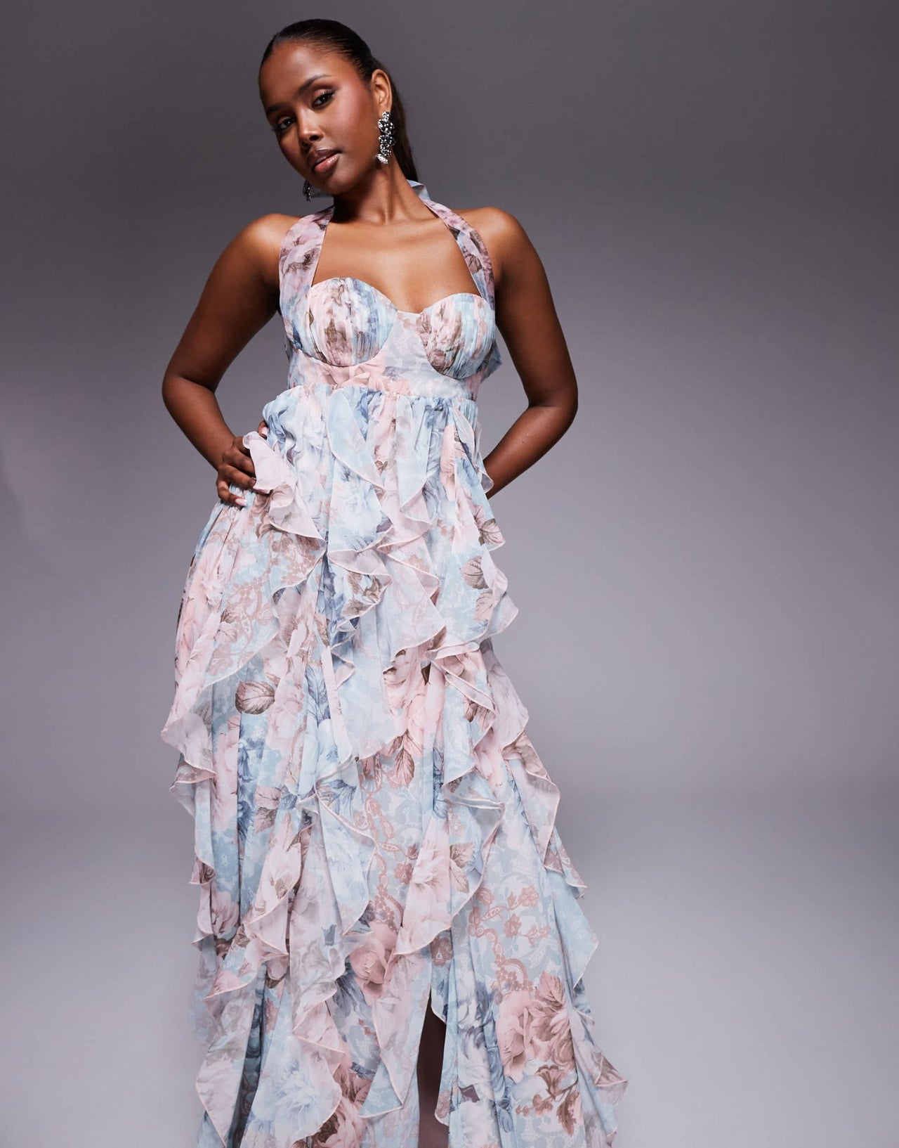 ASOS LUXE halter maxi dress with waterfall ruffles in lace floral print - ASOS Sample Sale EU Store