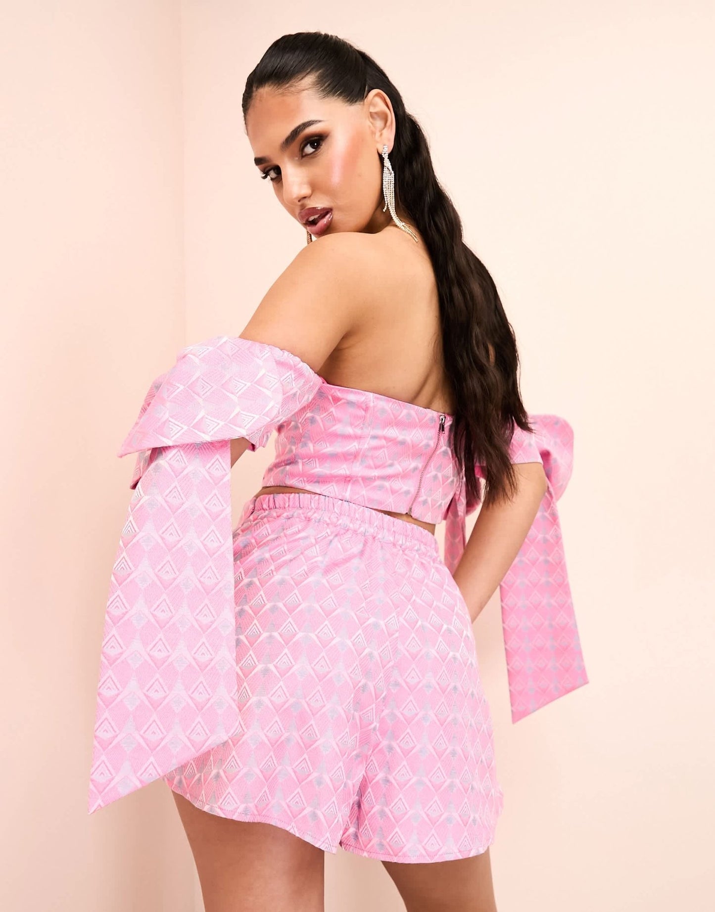ASOS LUXE jacquard co - ord flippy tiered shorts in pink print - ASOS Sample Sale EU Store