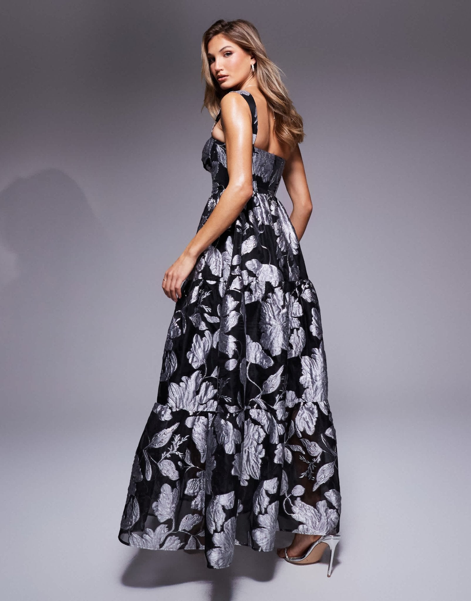 ASOS LUXE jacquard corseted strappy maxi dress in mono floral - ASOS Sample Sale EU Store