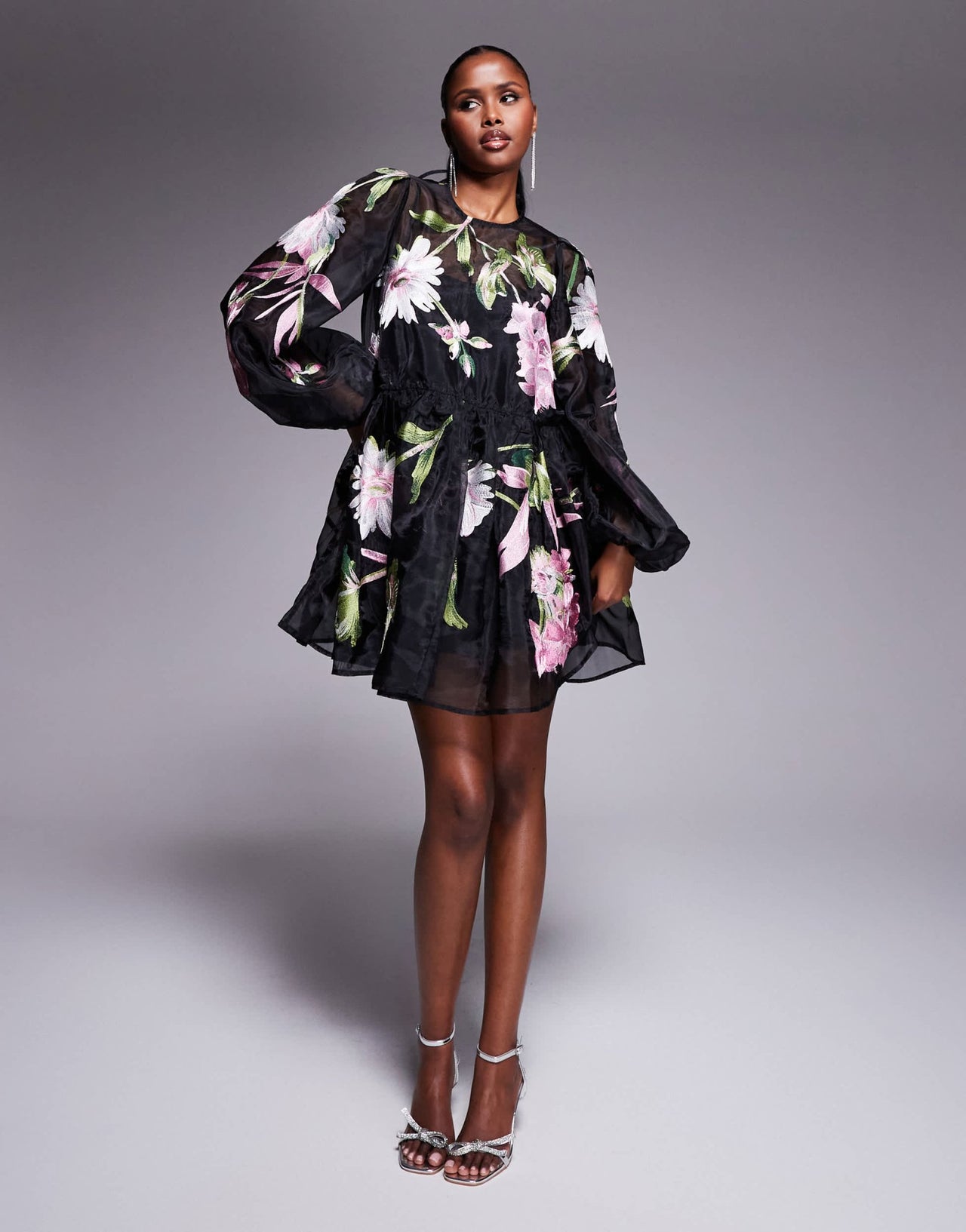 ASOS LUXE oversized organza mini smock dress with floral embroidery in black - ASOS Sample Sale EU Store