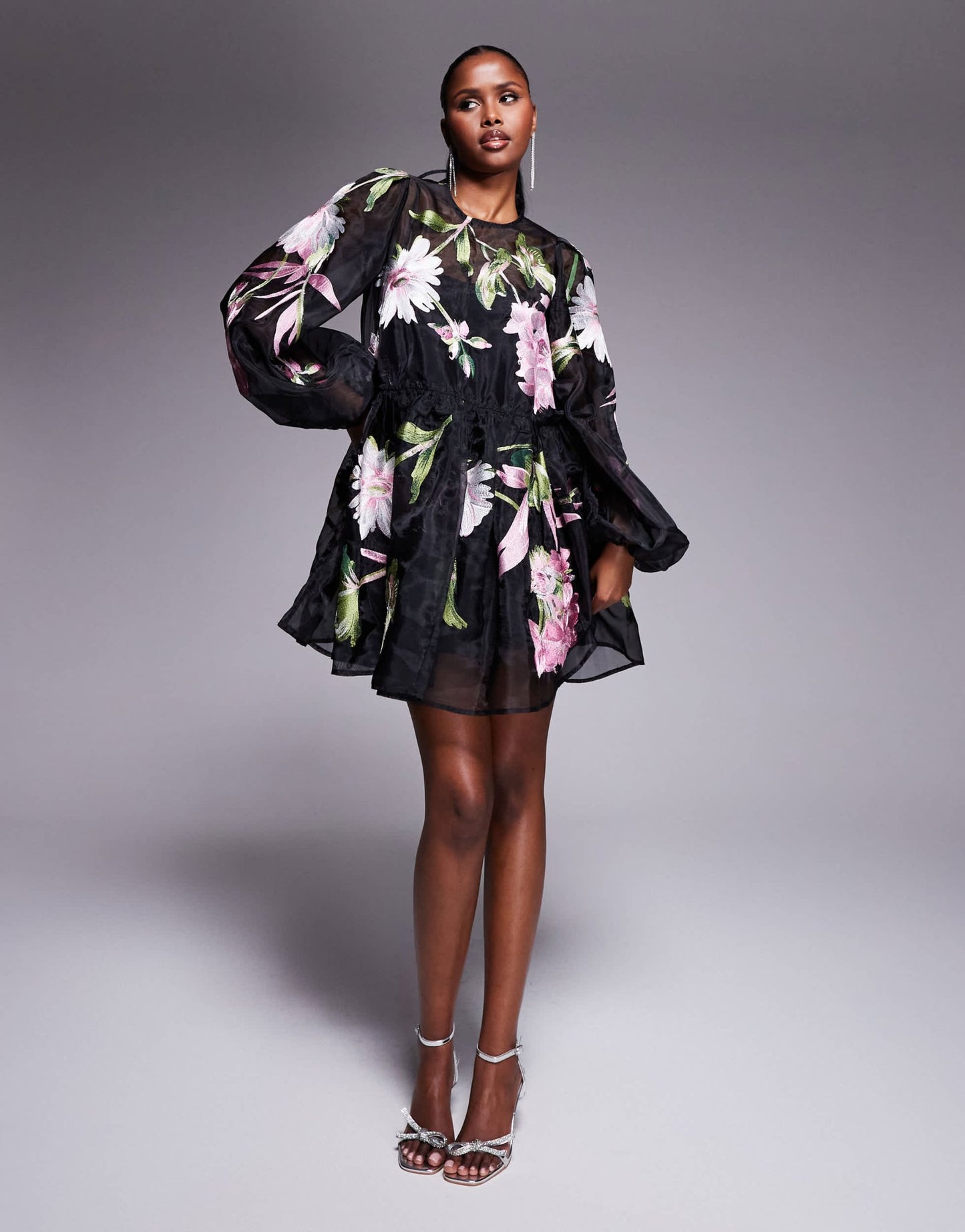 ASOS LUXE oversized organza mini smock dress with floral embroidery in black - ASOS Sample Sale EU Store
