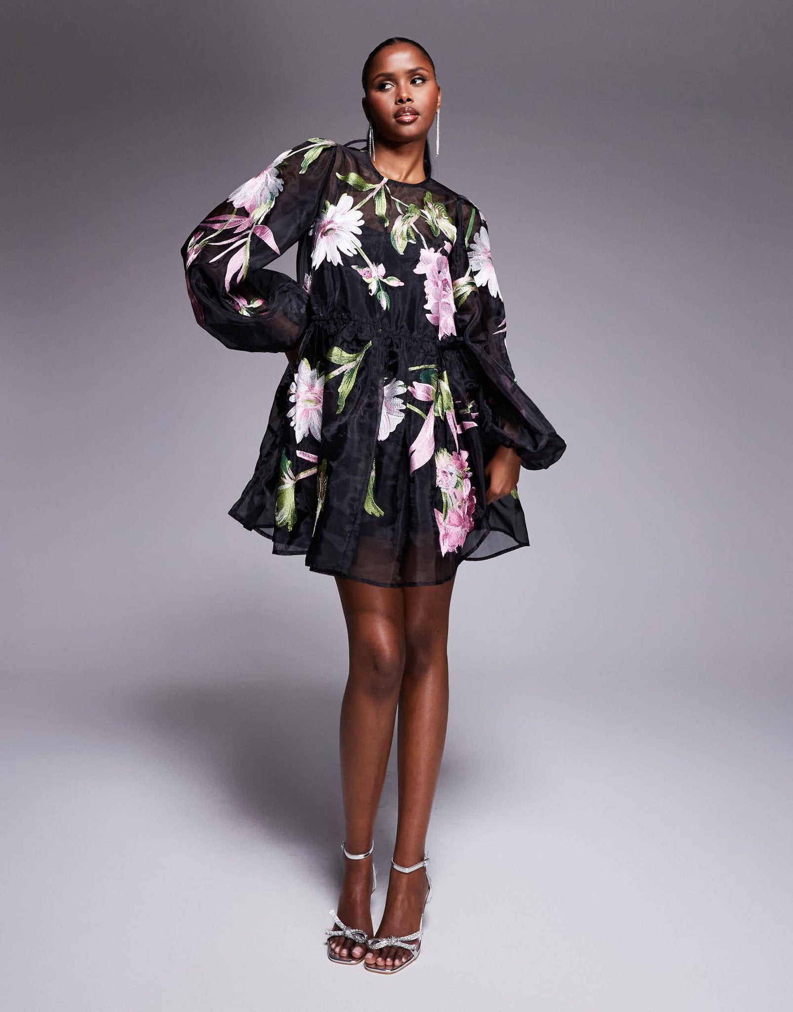 ASOS LUXE oversized organza mini smock dress with floral embroidery in black - ASOS Sample Sale EU Store