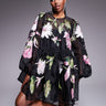ASOS LUXE oversized organza mini smock dress with floral embroidery in black