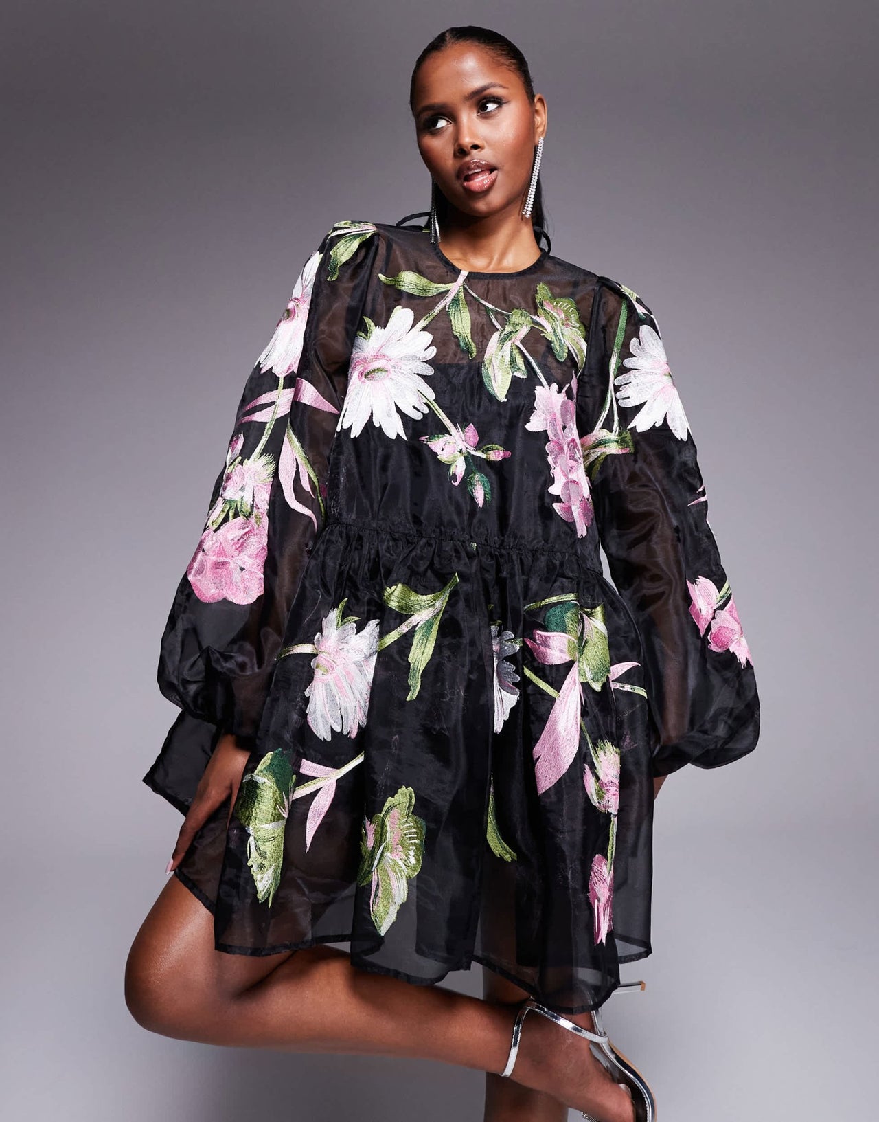ASOS LUXE oversized organza mini smock dress with floral embroidery in black - ASOS Sample Sale EU Store