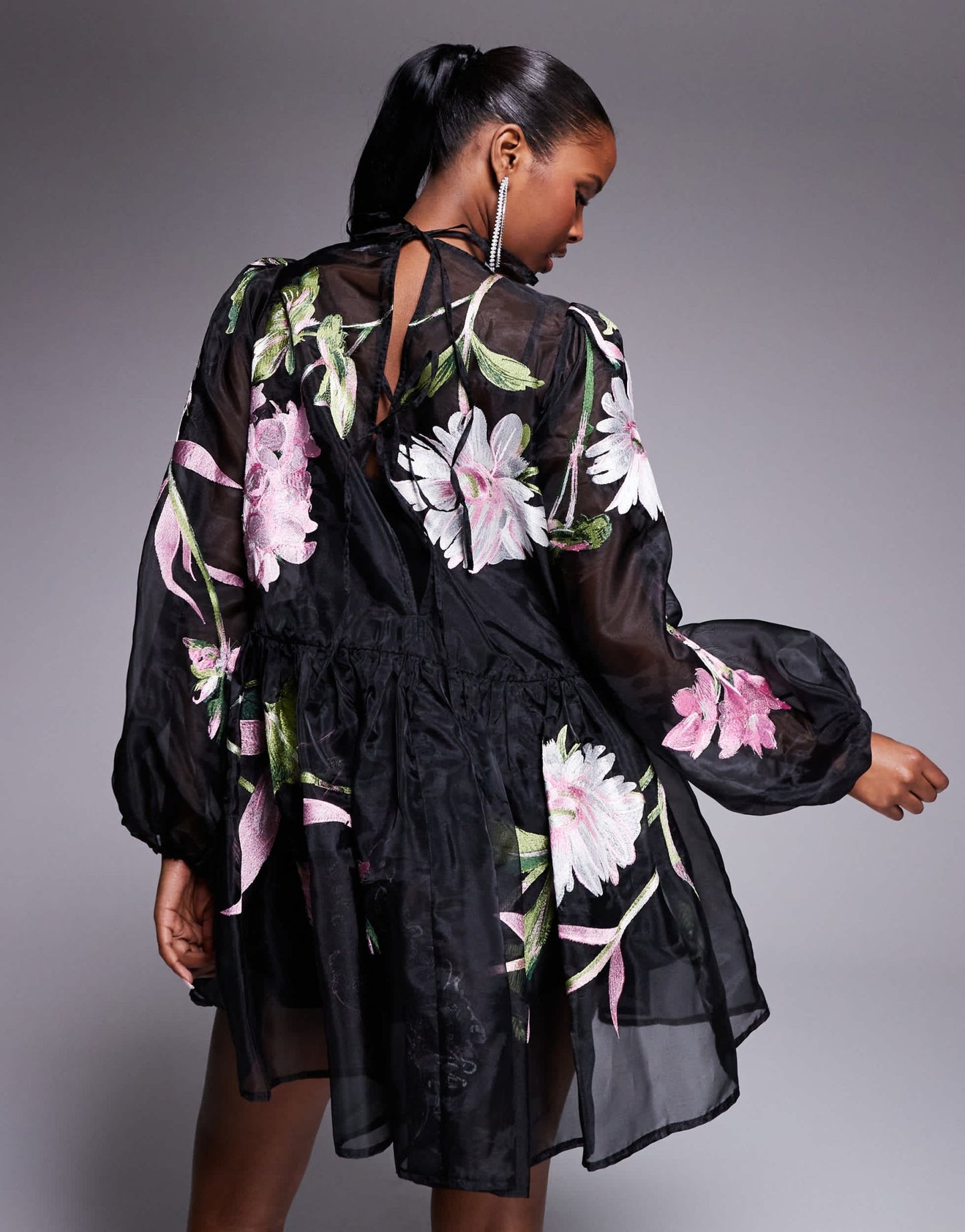 ASOS LUXE oversized organza mini smock dress with floral embroidery in black - ASOS Sample Sale EU Store