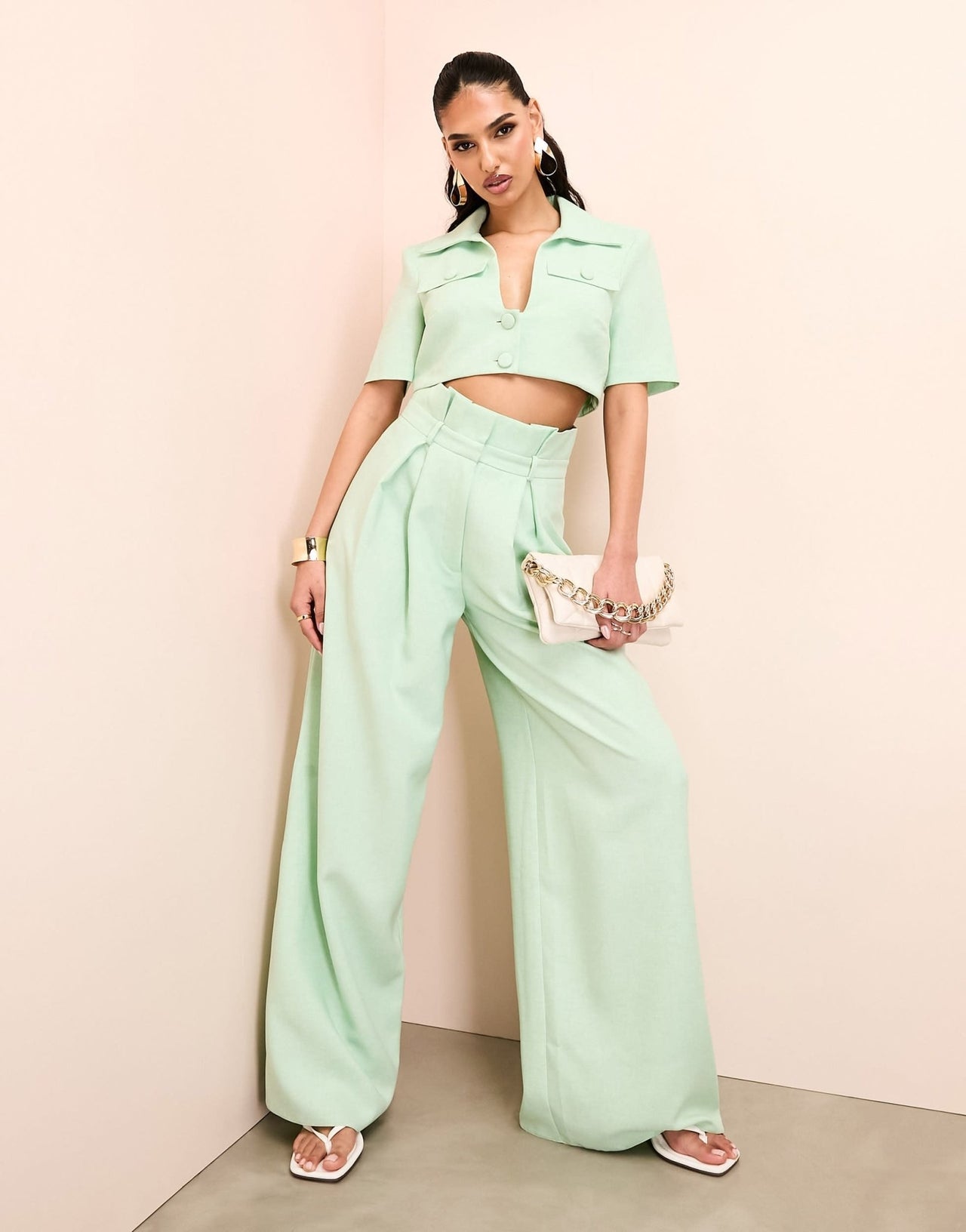ASOS LUXE paper bag wide leg trouser in green - ASOS Sample Sale EU Store