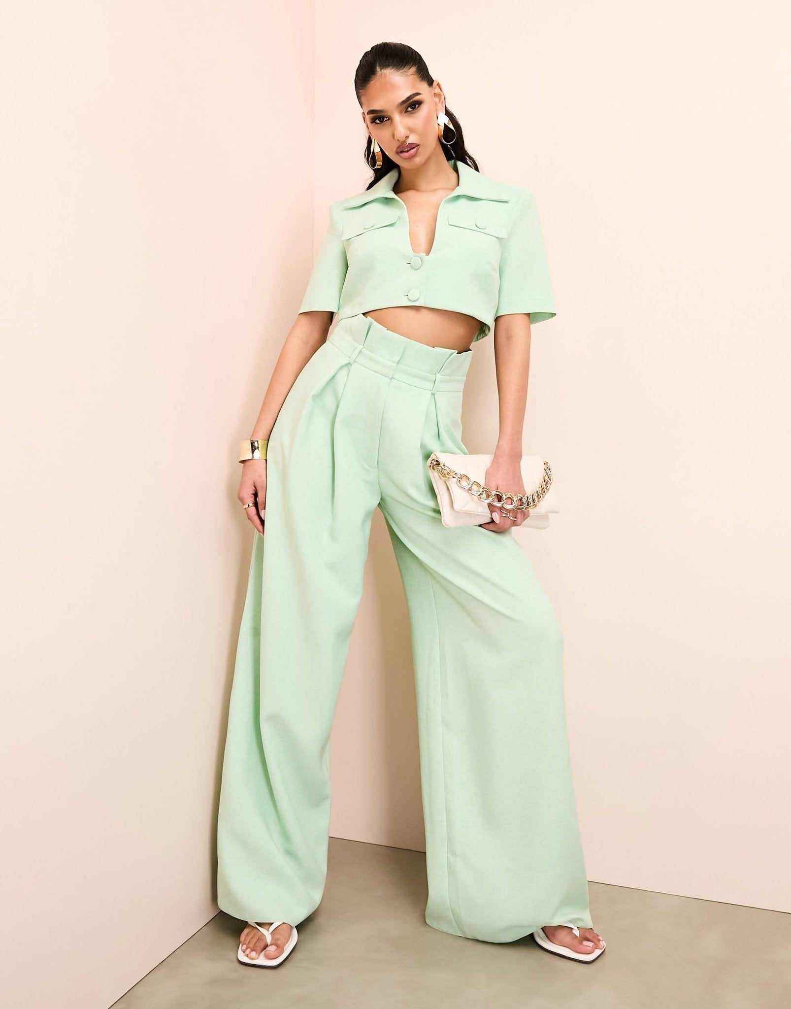 ASOS LUXE paper bag wide leg trouser in green - ASOS Sample Sale EU Store
