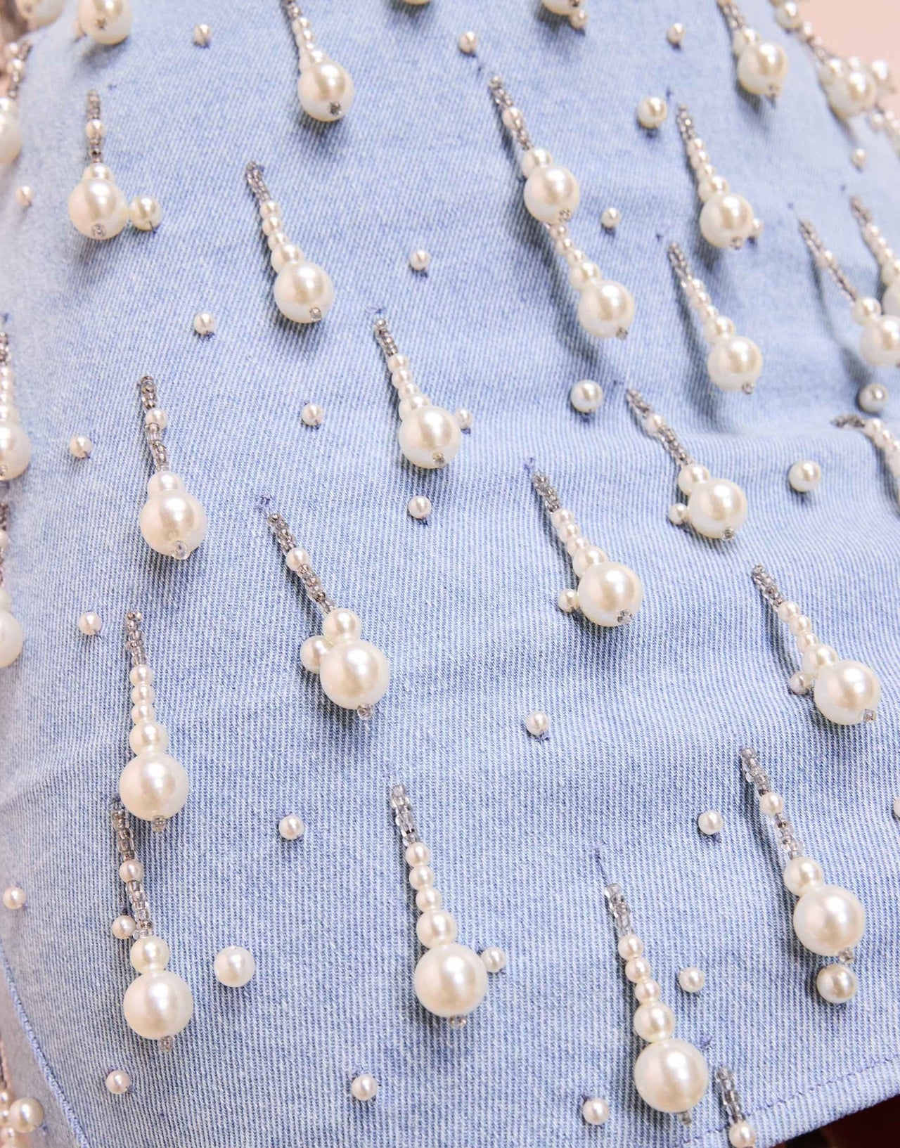 ASOS LUXE pearl embellished tassel denim mini dress in mid wash blue - ASOS Sample Sale EU Store
