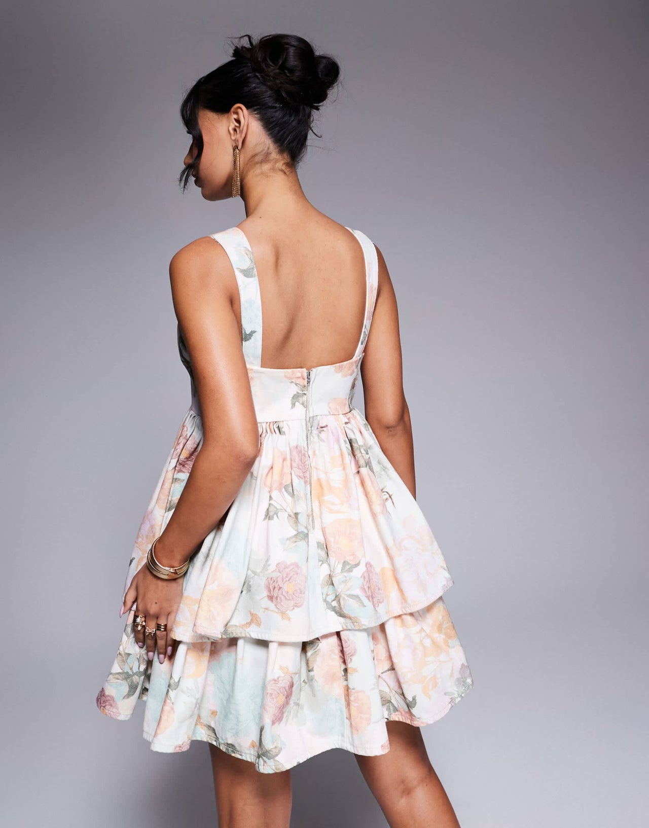 ASOS LUXE printed denim baby doll mini dress in rose print - ASOS Sample Sale EU Store