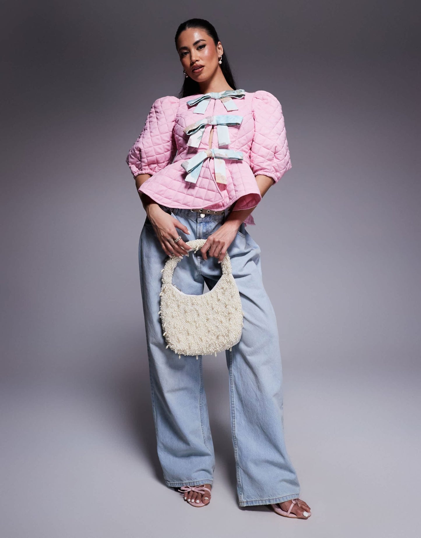 ASOS LUXE quilted bow front puff sleeve top in pink - ASOS Sample Sale EU Store