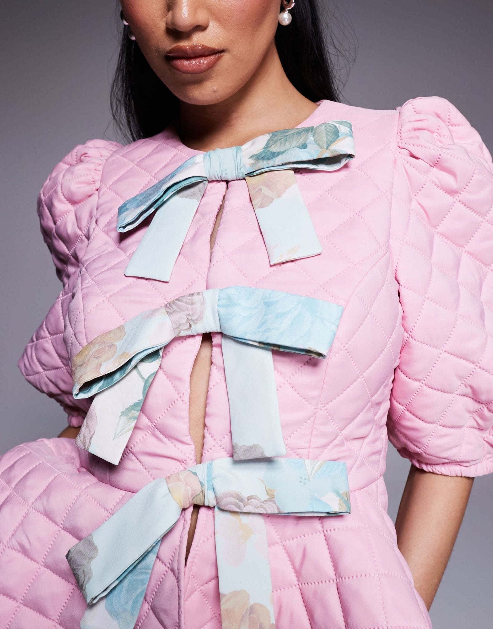 ASOS LUXE quilted bow front puff sleeve top in pink - ASOS Sample Sale EU Store