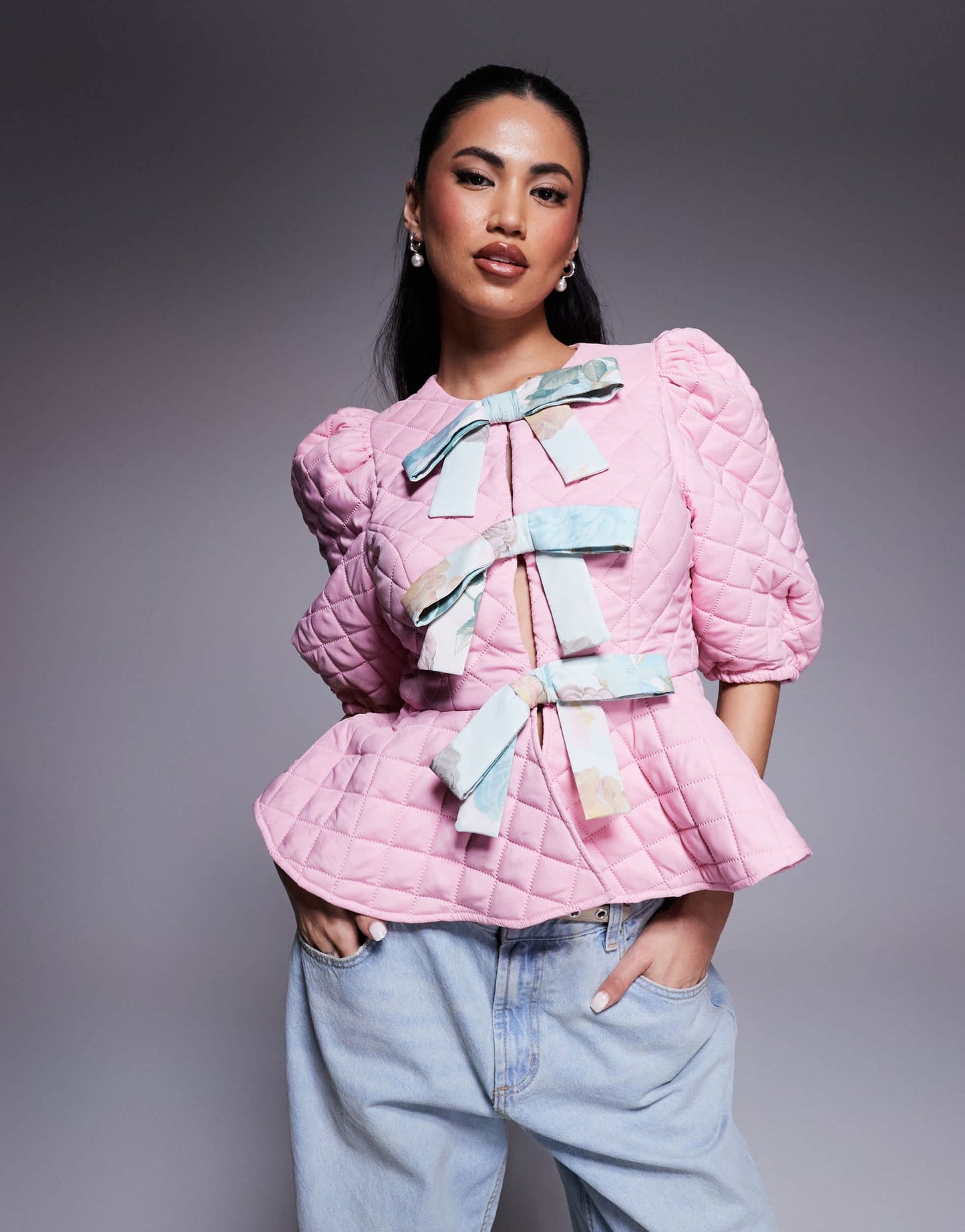 ASOS LUXE quilted bow front puff sleeve top in pink - ASOS Sample Sale EU Store