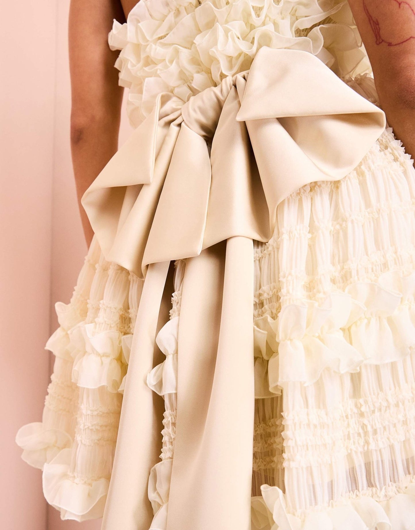 ASOS LUXE textured organza bandeau ruffle mini dress with bow back in cream - ASOS Sample Sale EU Store