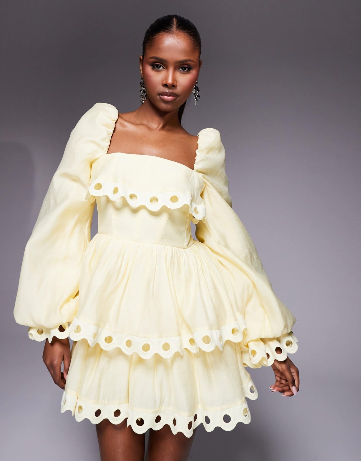 ASOS LUXE tiered puff sleeve mini dress with cut out trim in buttermilk - ASOS Sample Sale EU Store