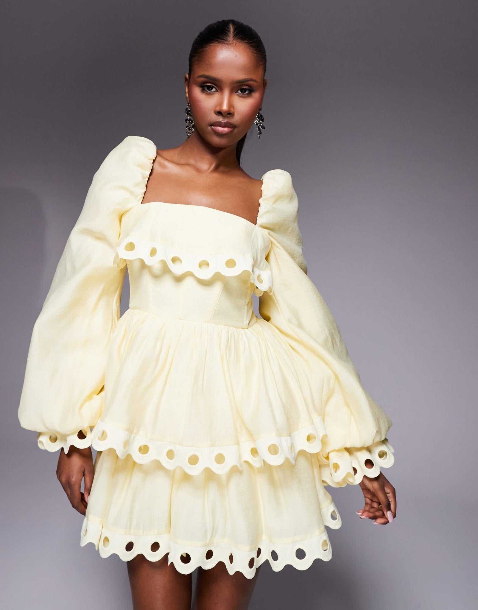 ASOS LUXE tiered puff sleeve mini dress with cut out trim in buttermilk - ASOS Sample Sale EU Store