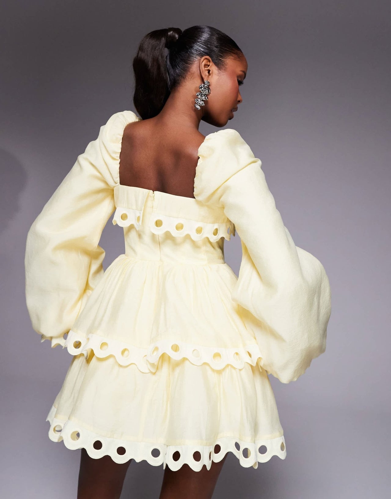 ASOS LUXE tiered puff sleeve mini dress with cut out trim in buttermilk - ASOS Sample Sale EU Store