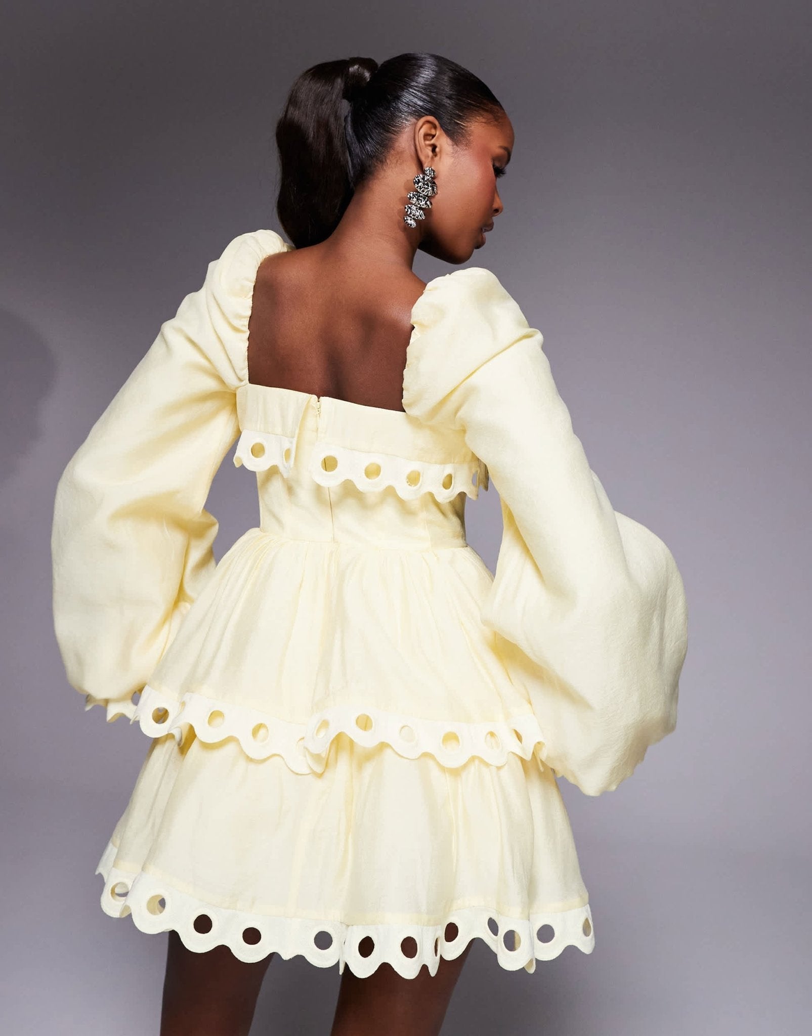 ASOS LUXE tiered puff sleeve mini dress with cut out trim in buttermilk - ASOS Sample Sale EU Store