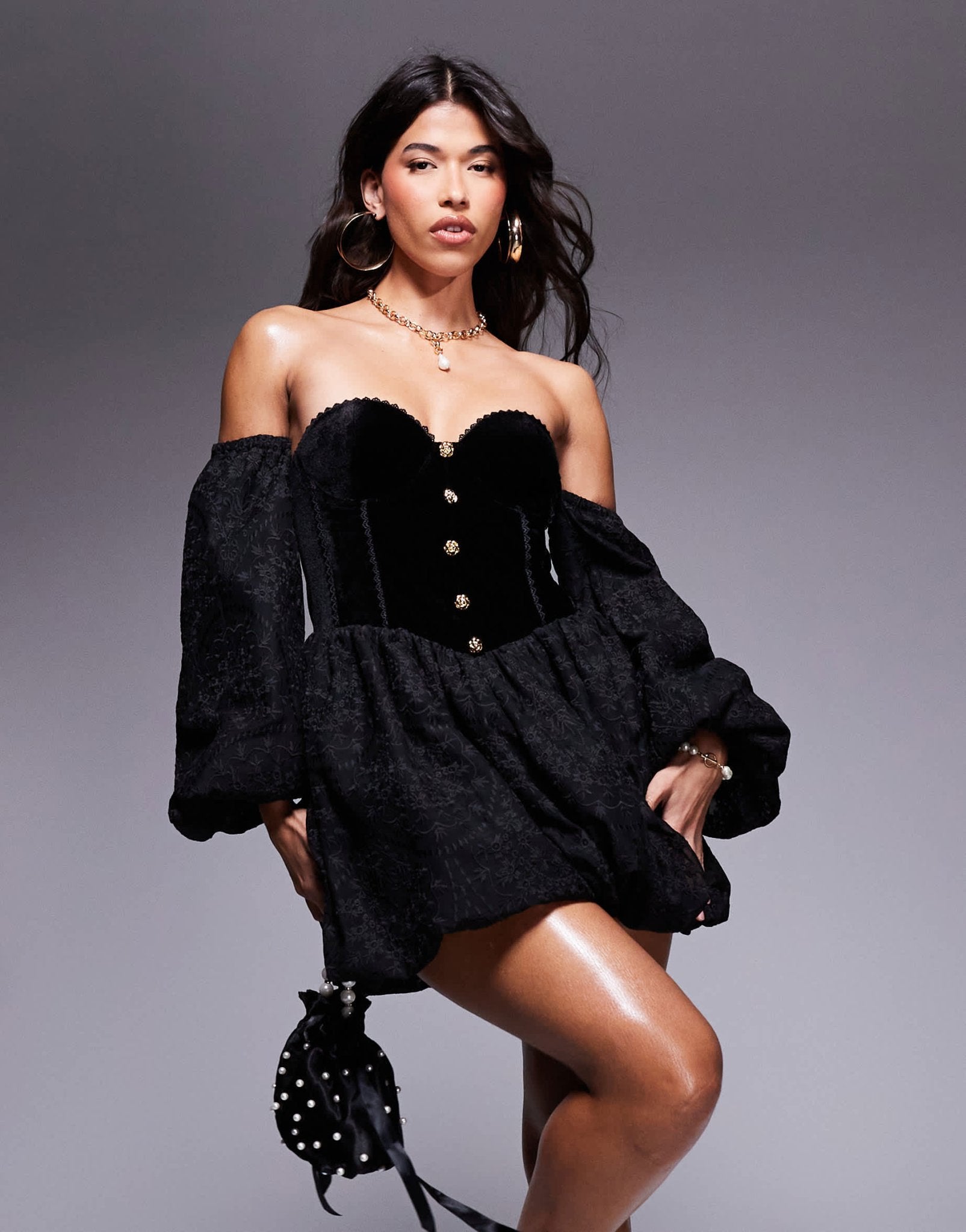 ASOS LUXE velvet bardot mini dress with lace sleeve and gold buttons in black - ASOS Sample Sale EU Store