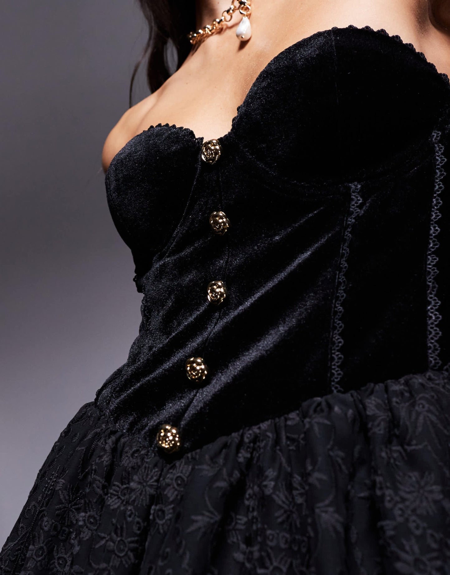 ASOS LUXE velvet bardot mini dress with lace sleeve and gold buttons in black - ASOS Sample Sale EU Store