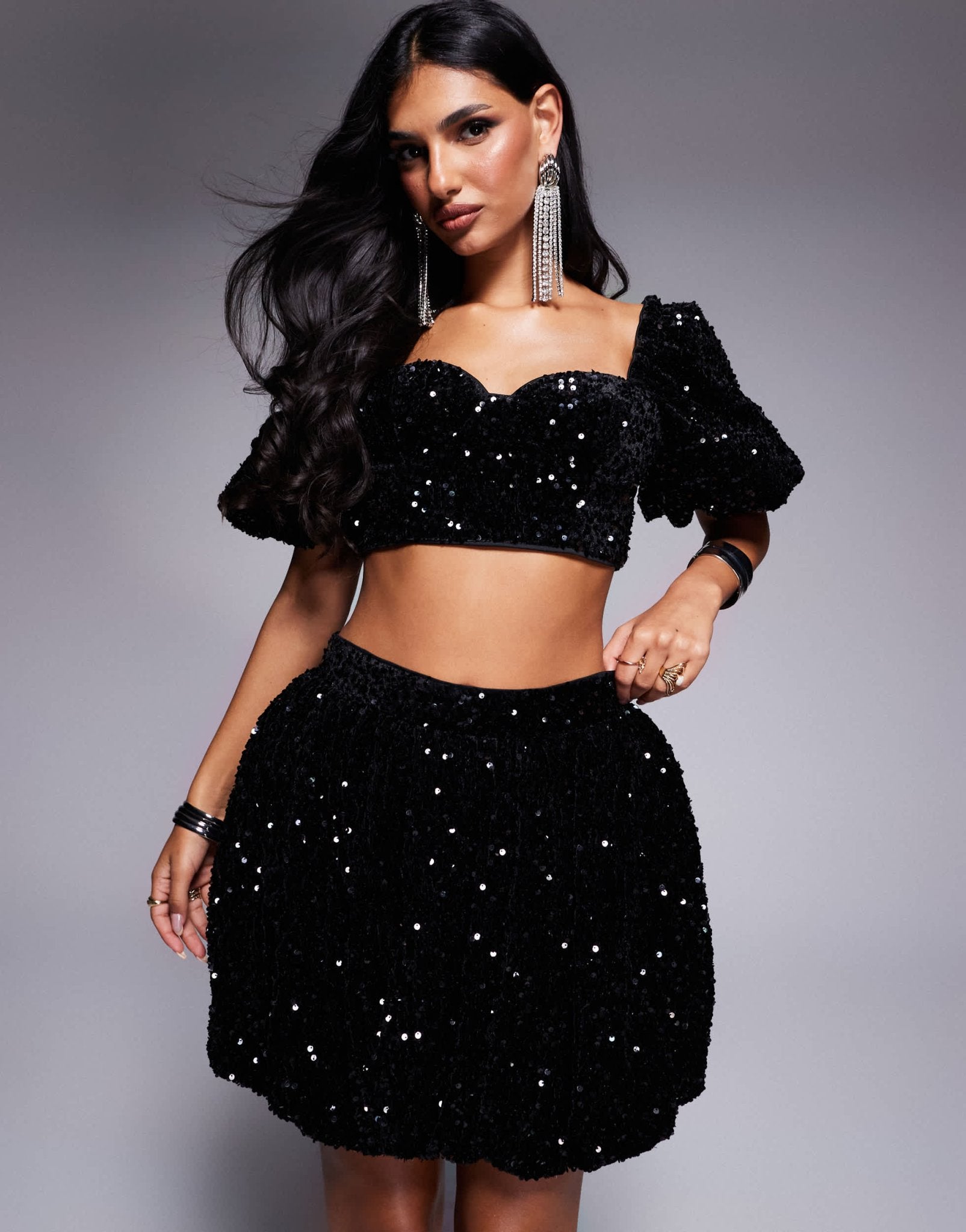 ASOS LUXE velvet embellished co - ord puff sleeve top in black sequin - ASOS Sample Sale EU Store